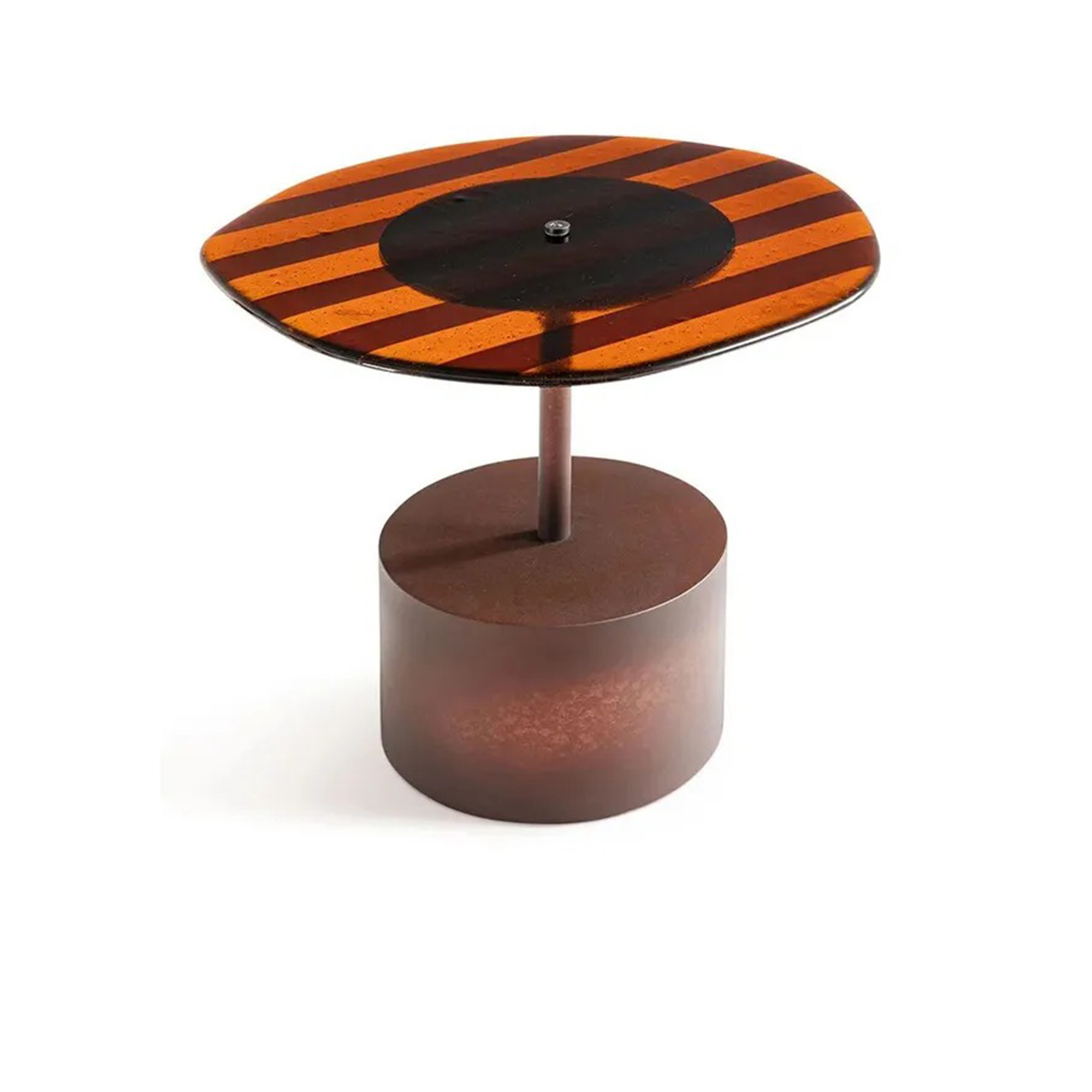 Contemporary accent table with an orange ribbed kiln-formed glass top and red metal base.