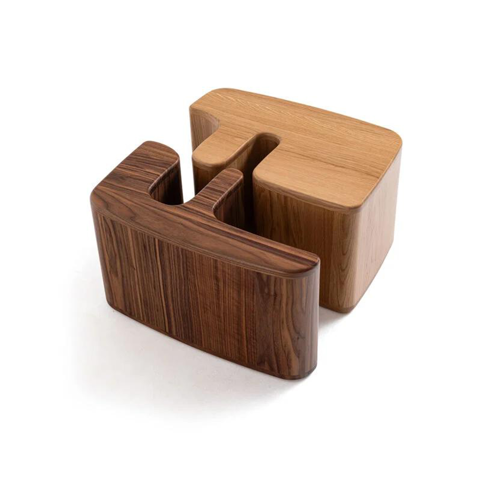 Luxury side table crafted from cathedral-grain walnut and white oak solid wood.