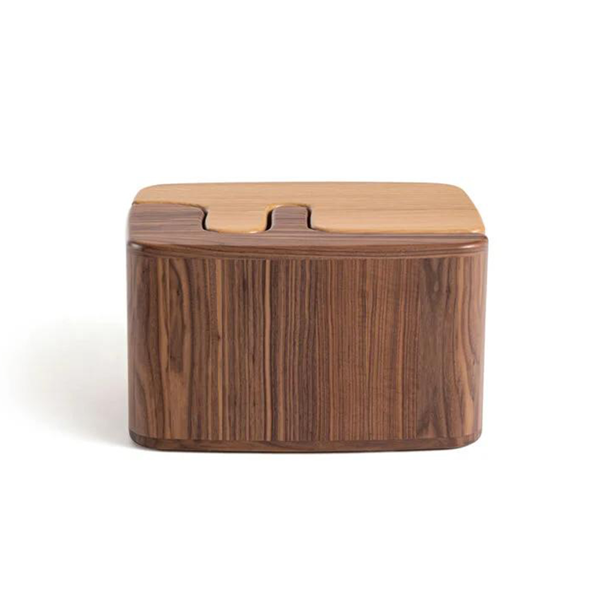Luxury side table crafted from cathedral-grain walnut and white oak solid wood.