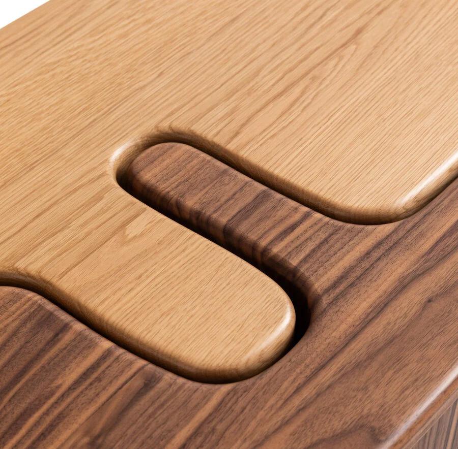 Luxury side table crafted from cathedral-grain walnut and white oak solid wood.