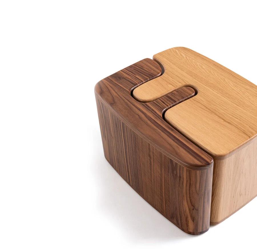 Luxury side table crafted from cathedral-grain walnut and white oak solid wood.