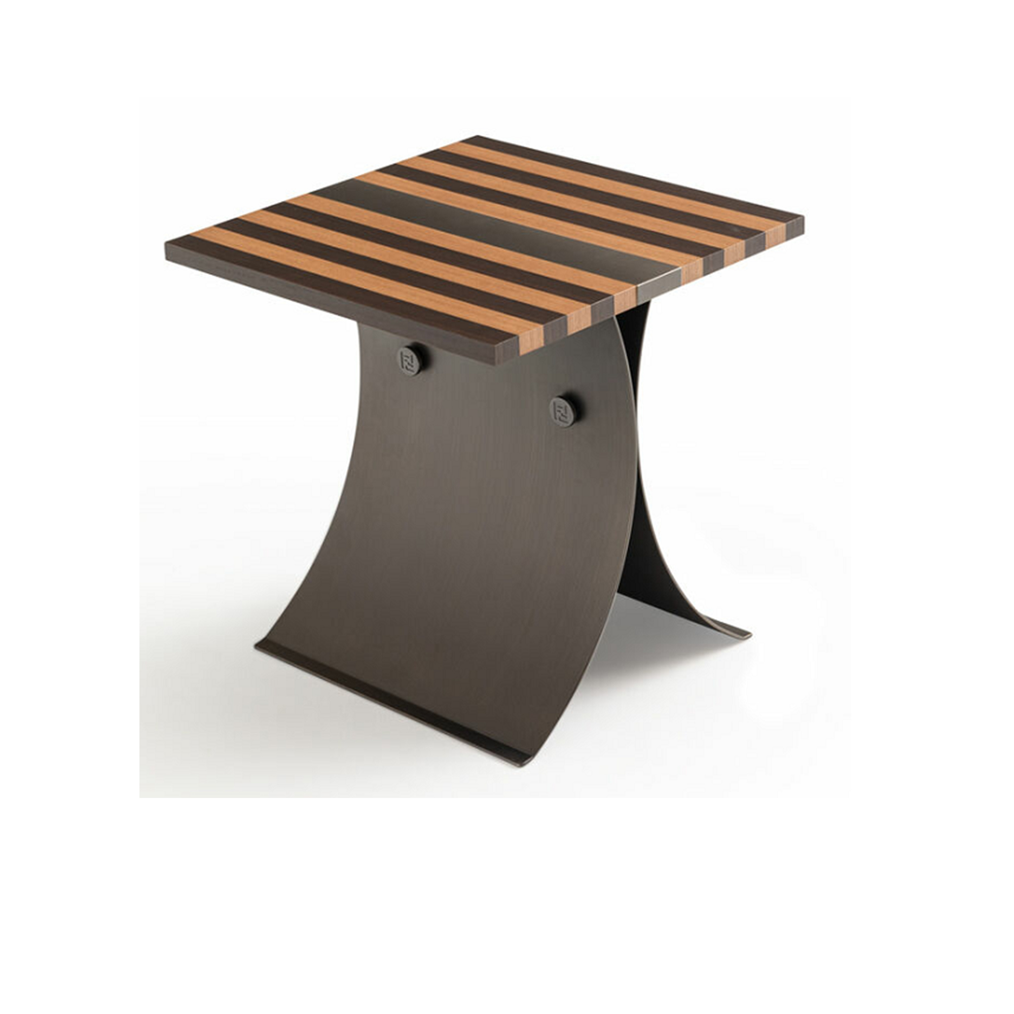 Round side table with smoked and natural oak parquetry top and antique bronze base.