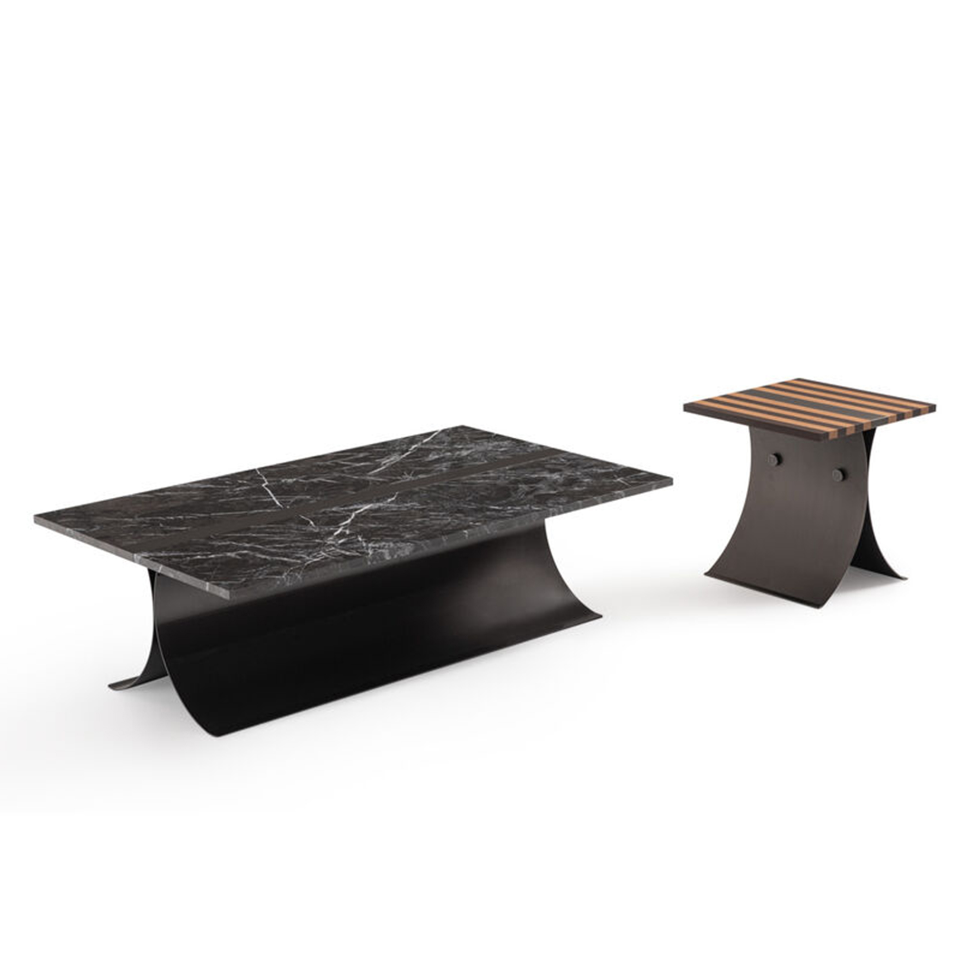 Round side table with smoked and natural oak parquetry top and antique bronze base.