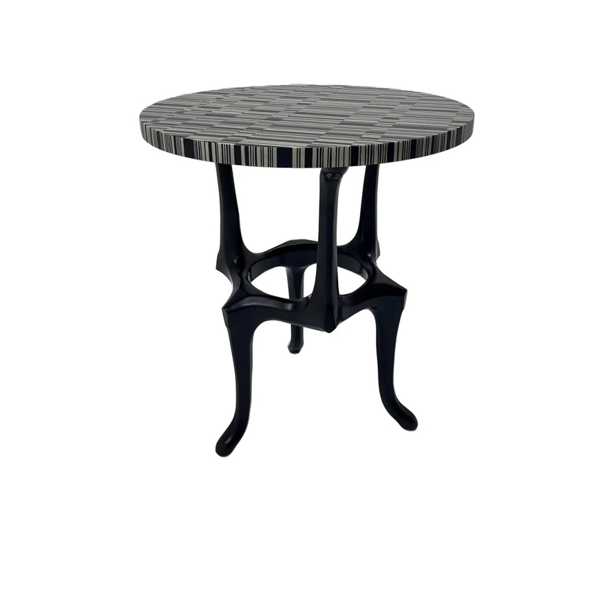 Luxury accent table featuring an intricate piano key veneer parquetry top surface.