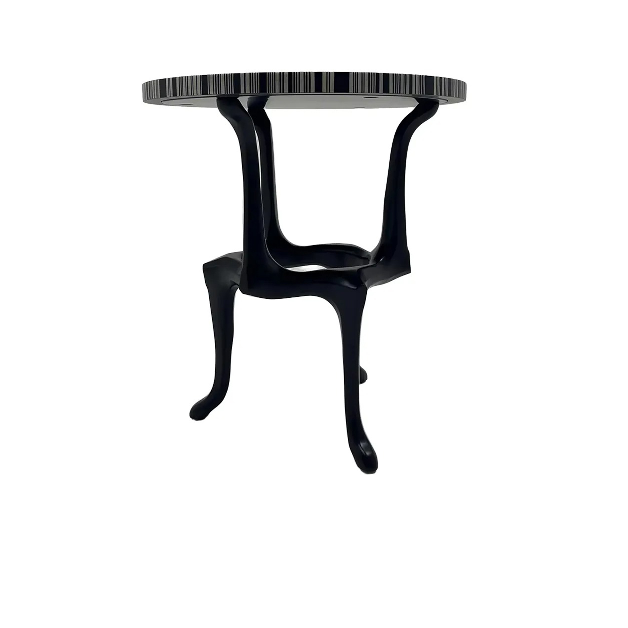 Luxury accent table featuring an intricate piano key veneer parquetry top surface.