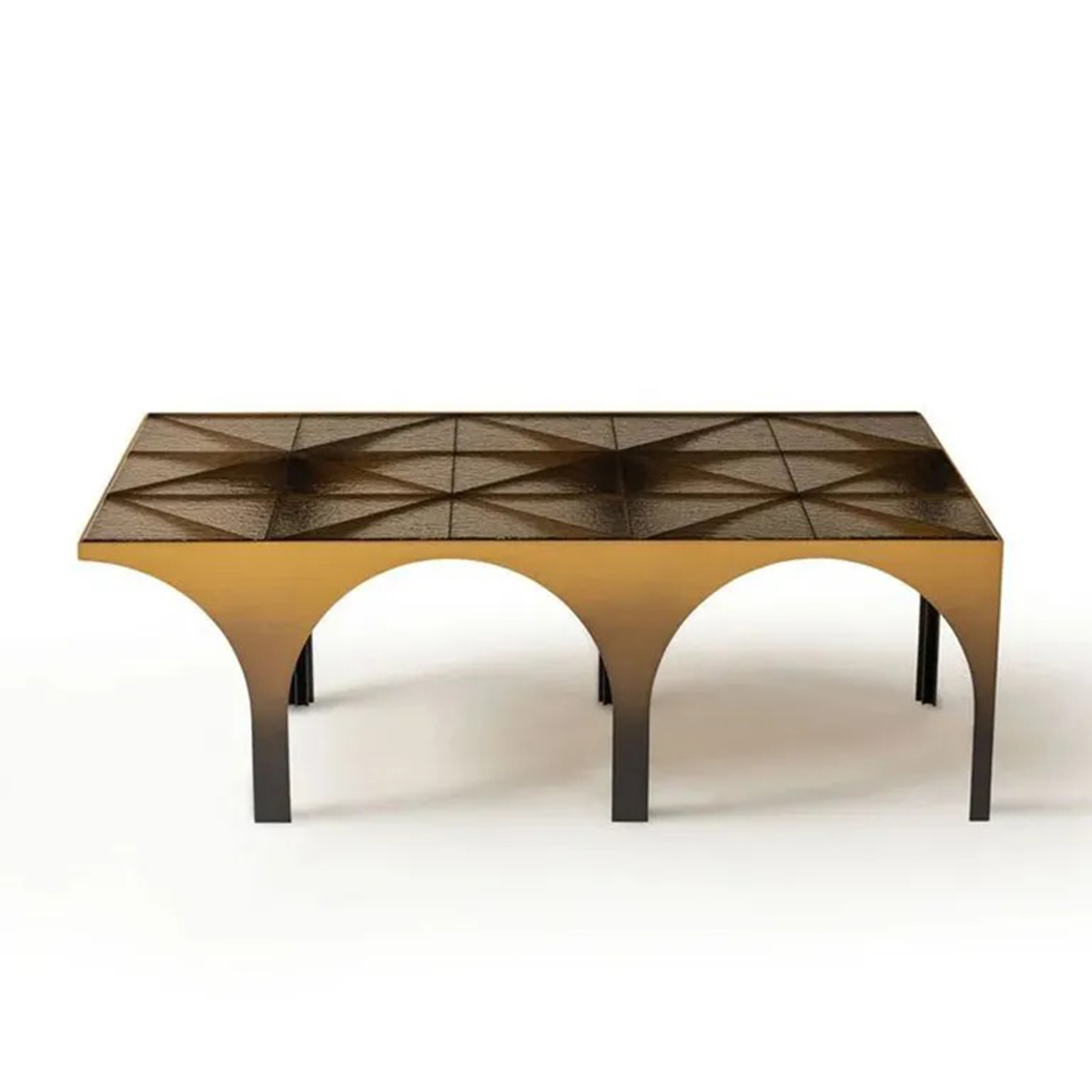 Large coffee table featuring a grey kiln-formed glass top and gold-coated frame.