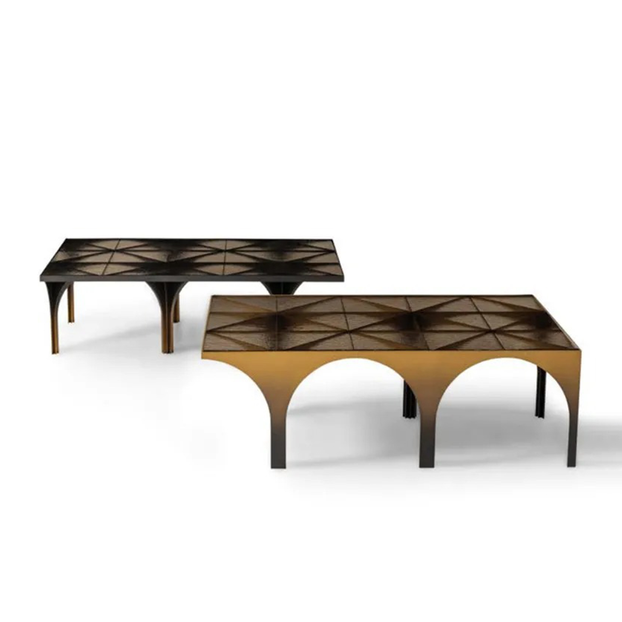 Large coffee table featuring a grey kiln-formed glass top and gold-coated frame.