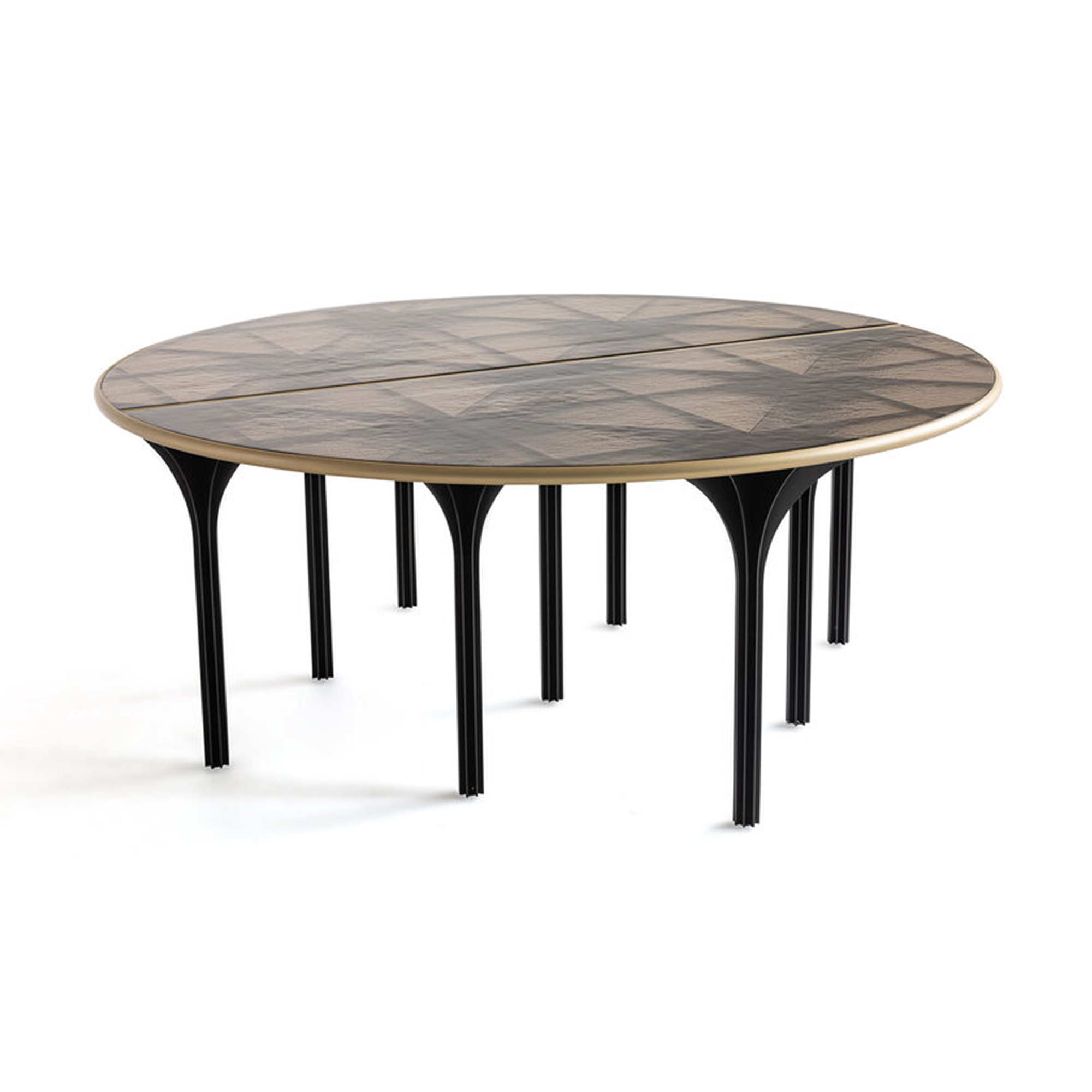 Large coffee table featuring a grey kiln-formed glass top and gold-coated frame.
