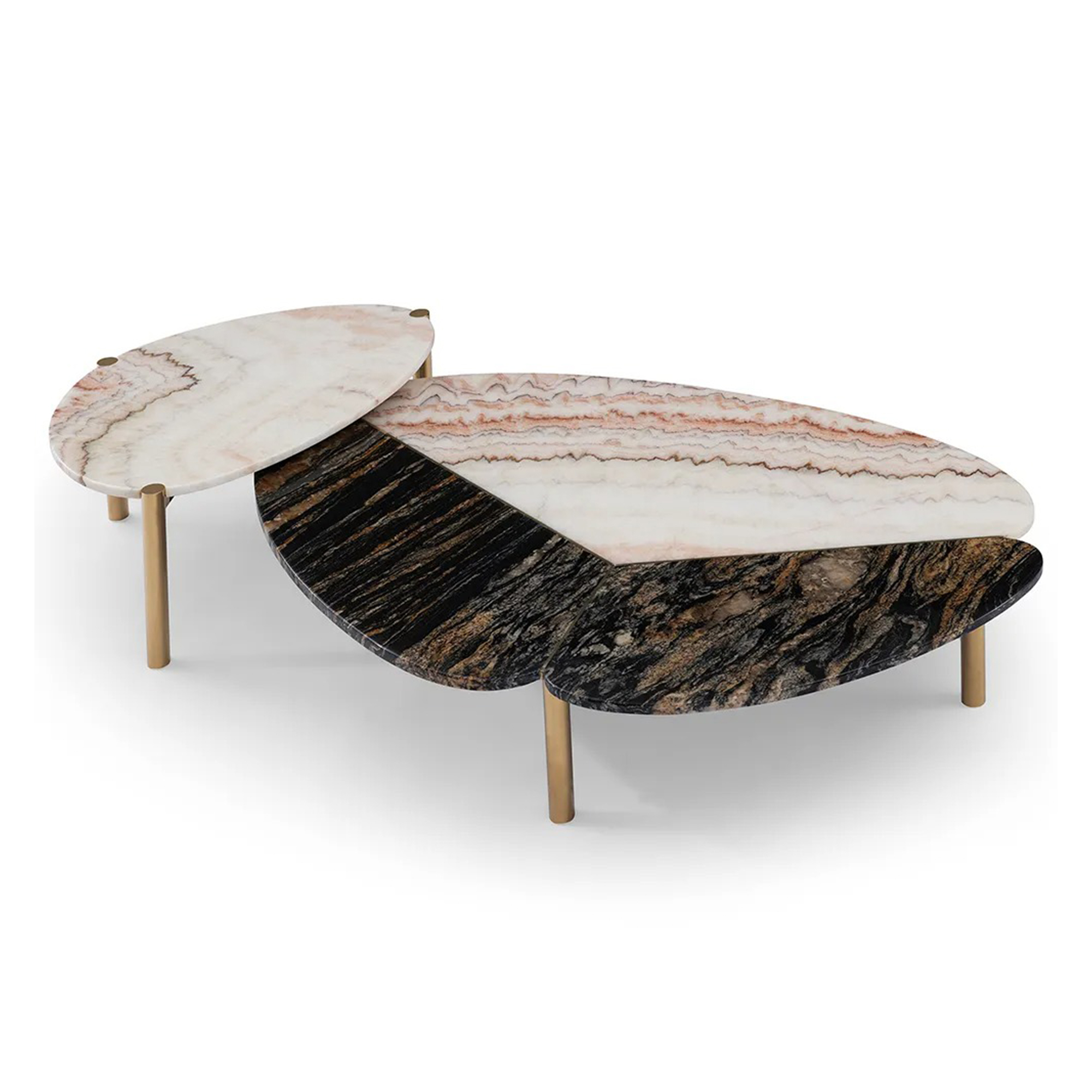 Monumental coffee table with a black marble top and rainbow jade marble inlay.