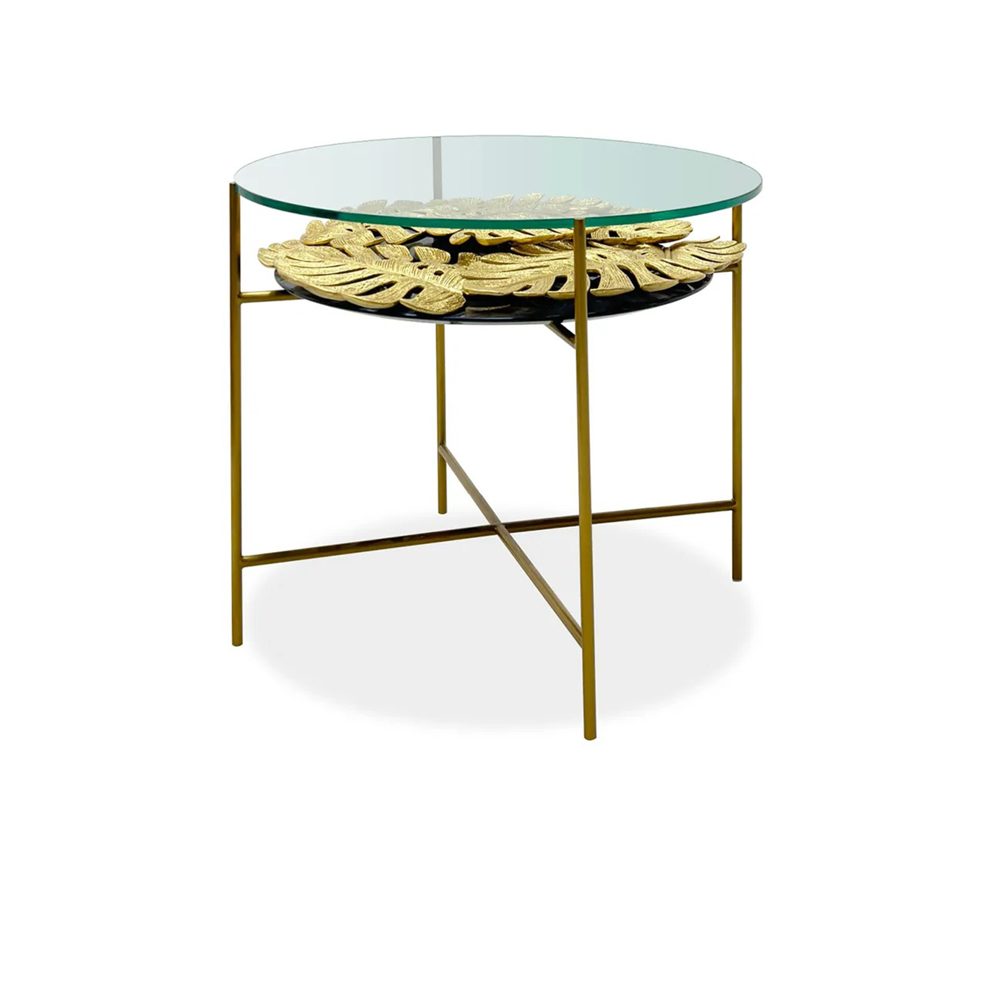Multi-tier side table with a clear glass top, antique gold leaf shelf, and blue panel.