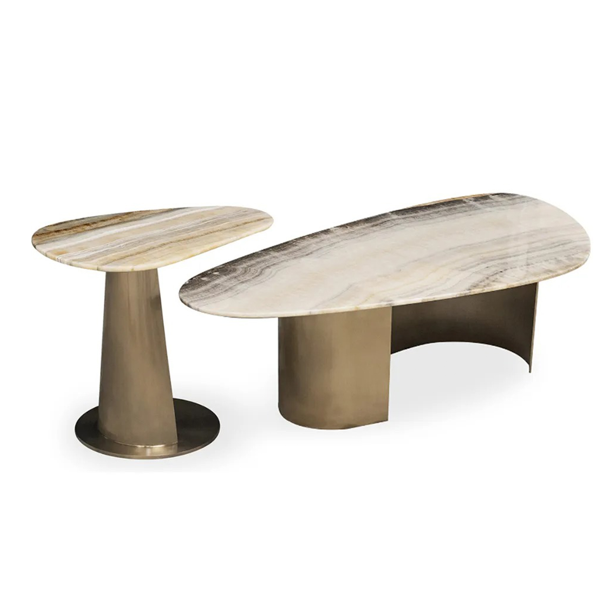 Luxury coffee table with a green Qing Shui Jade marble top and a tufted grey base panel.