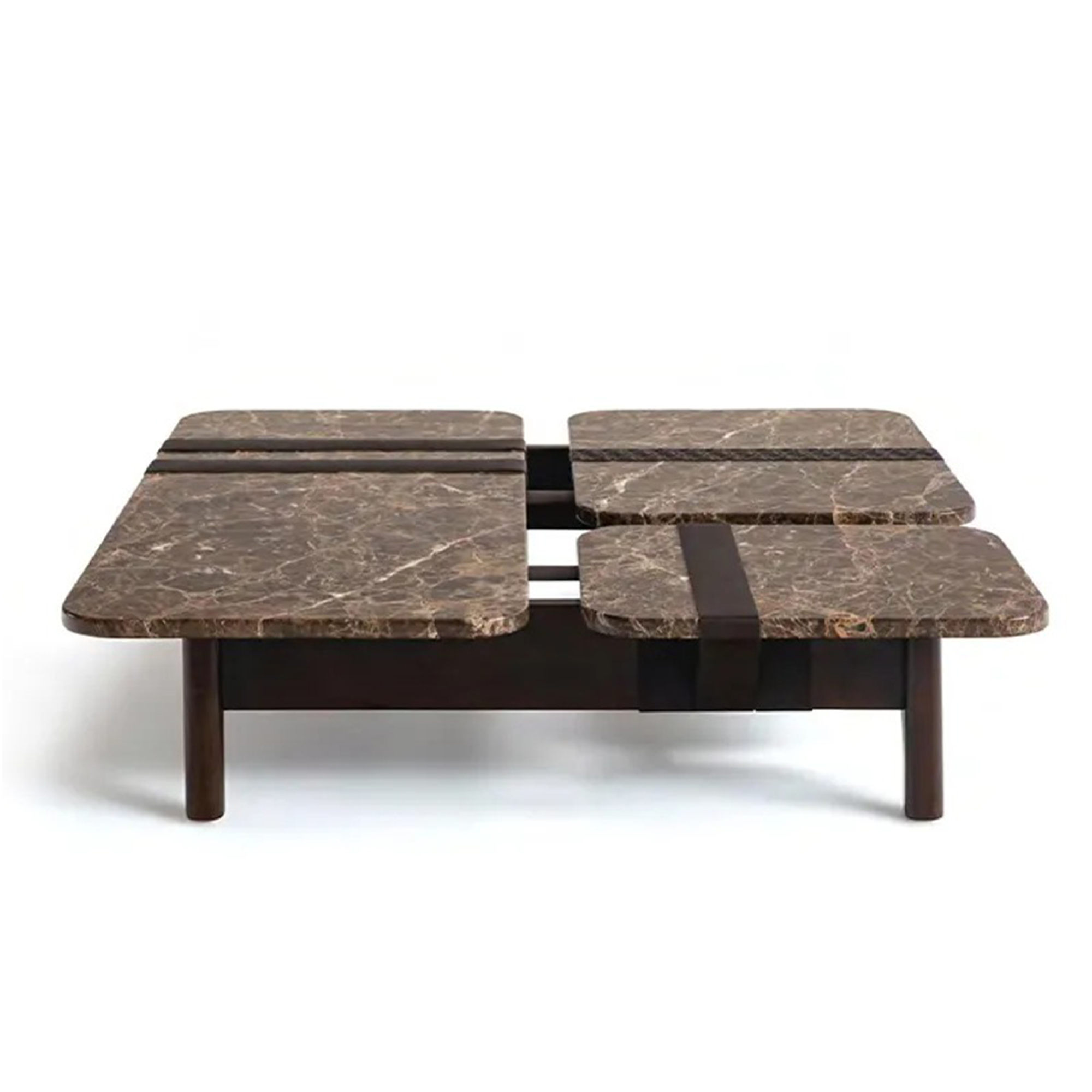 Coffee table featuring an Emperador marble top and a matte dark walnut solid wood frame.