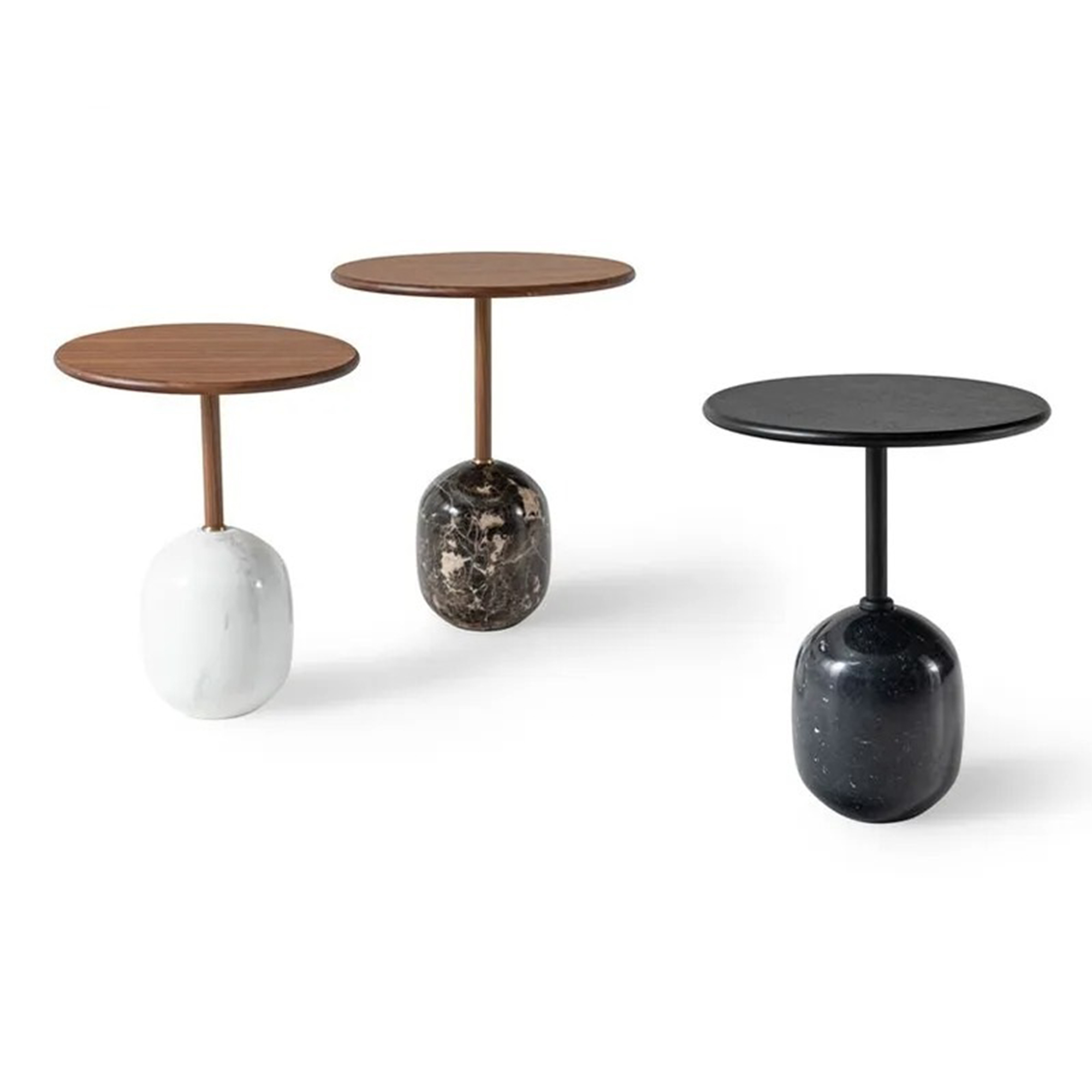 Solid wood coffee table with a matte walnut top and an Arabescato marble base.