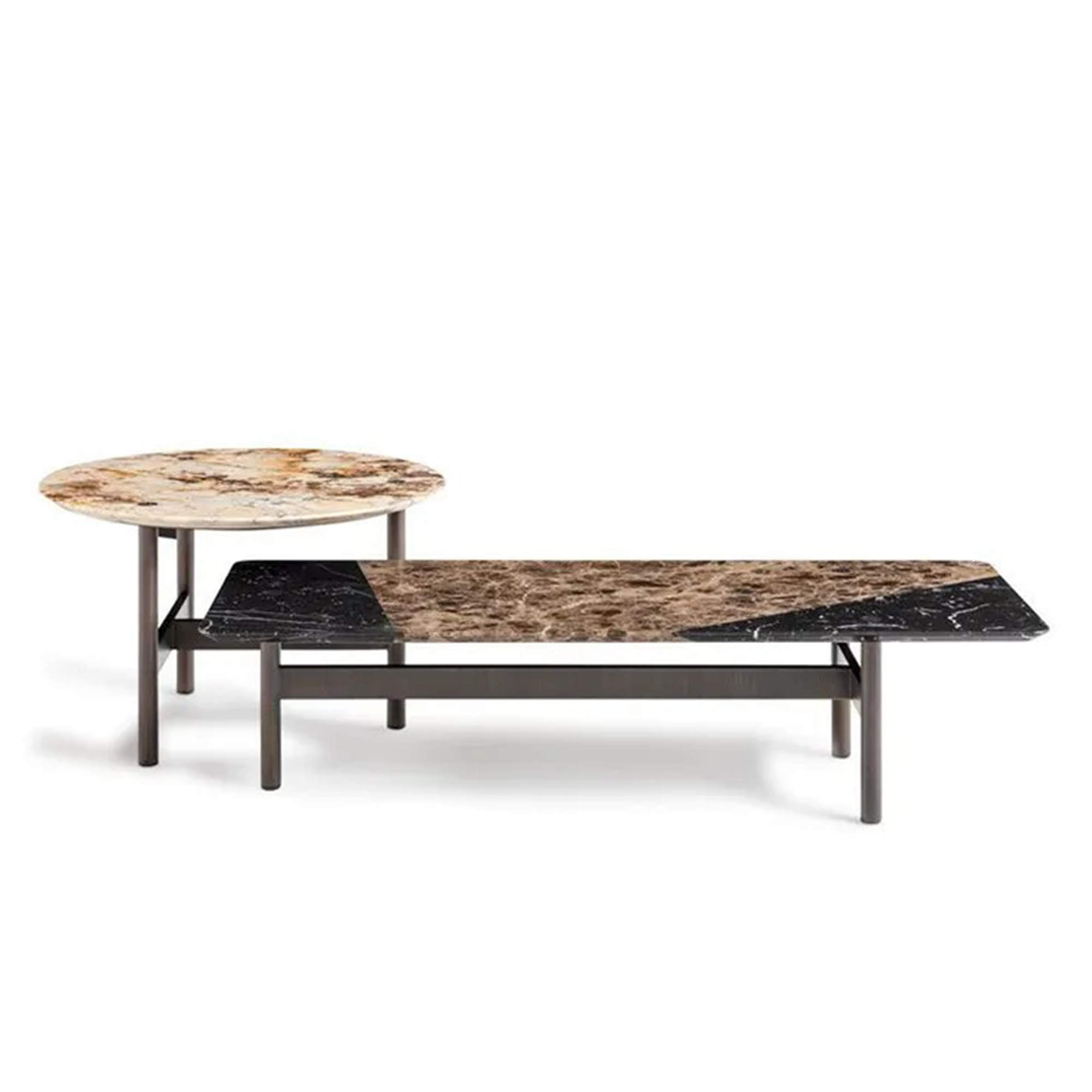 Low-profile coffee table in black and white marble with a Calacatta Rosa inlay.
