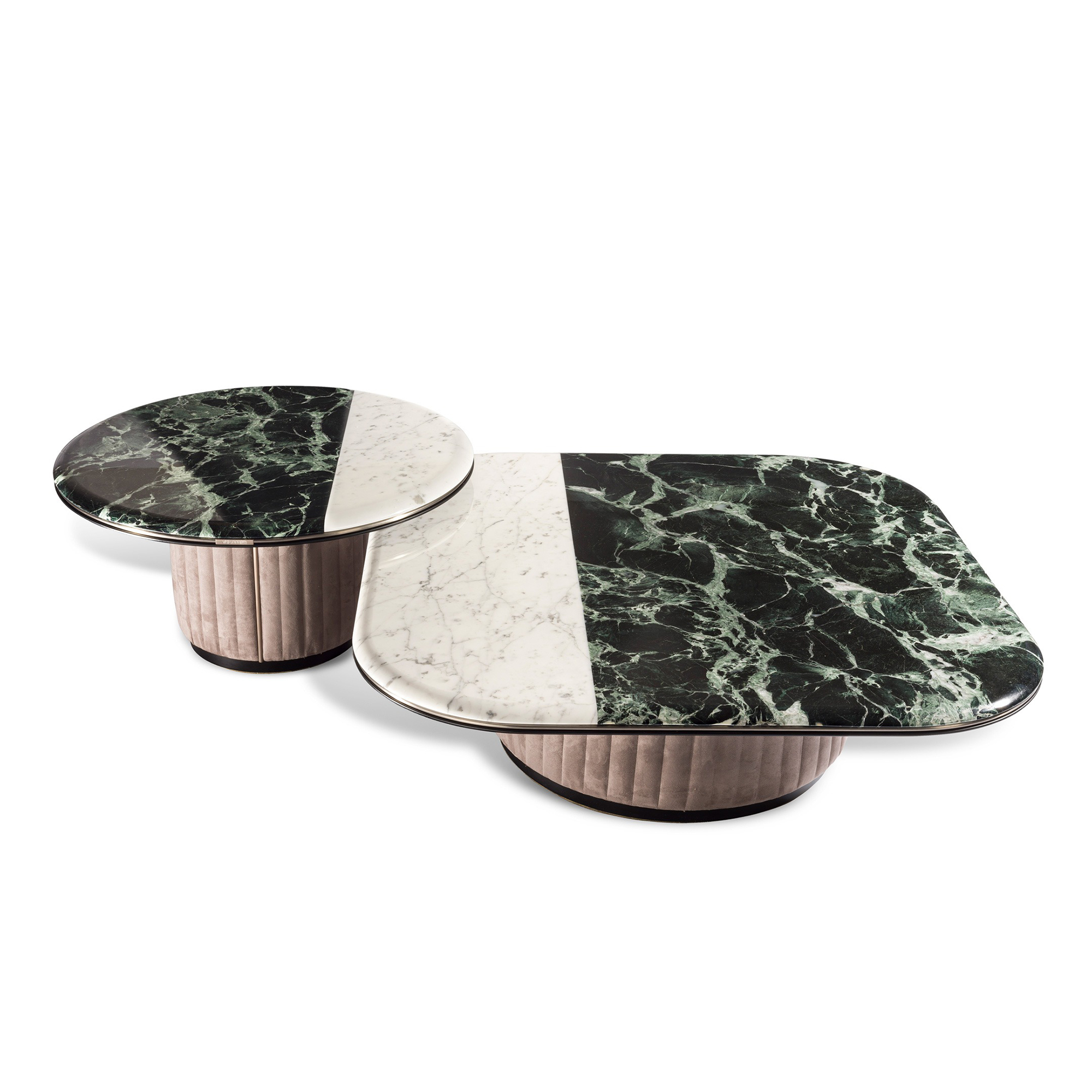 Round marble coffee table with a Prada Green and Arabescato mixed stone top.