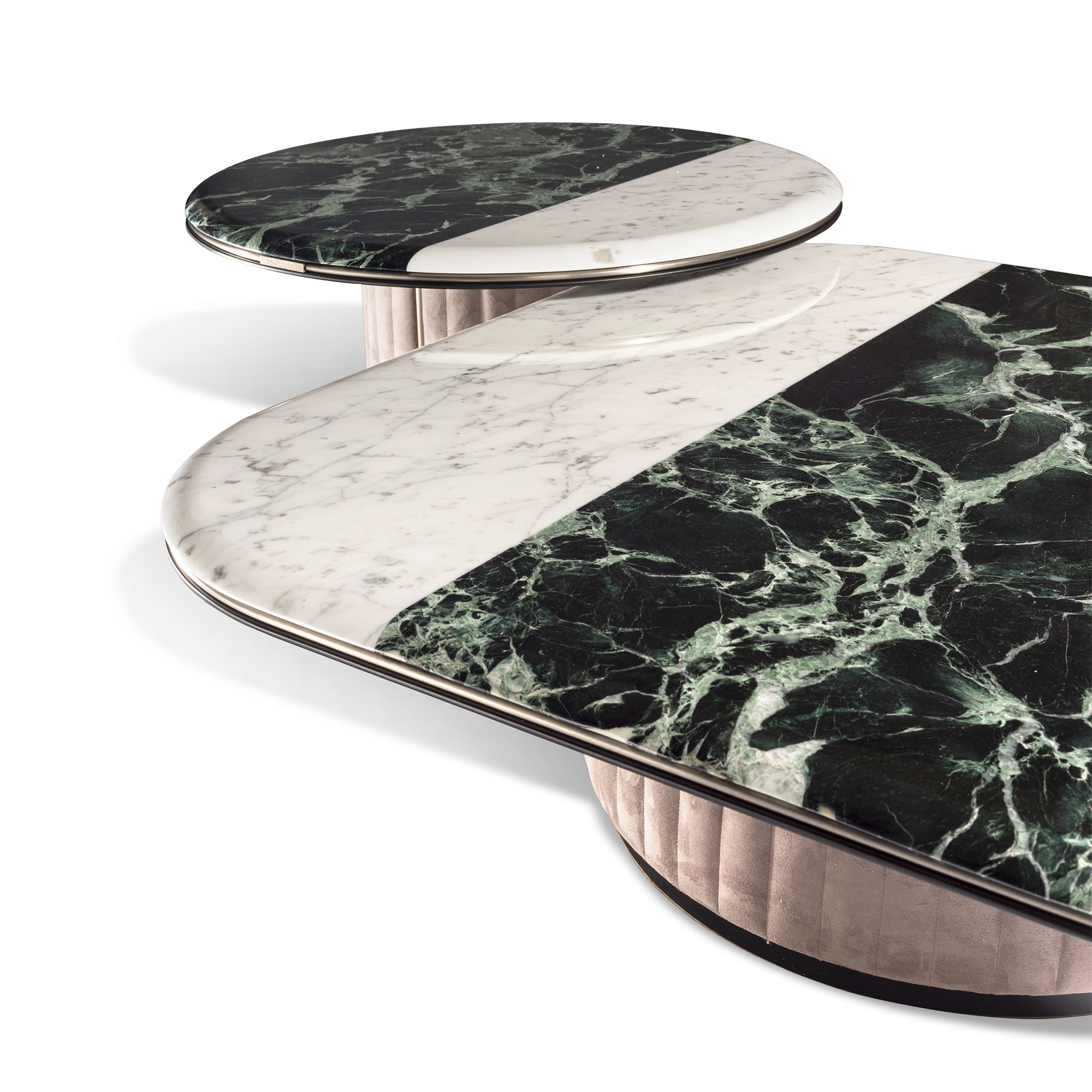 Round marble coffee table with a Prada Green and Arabescato mixed stone top.