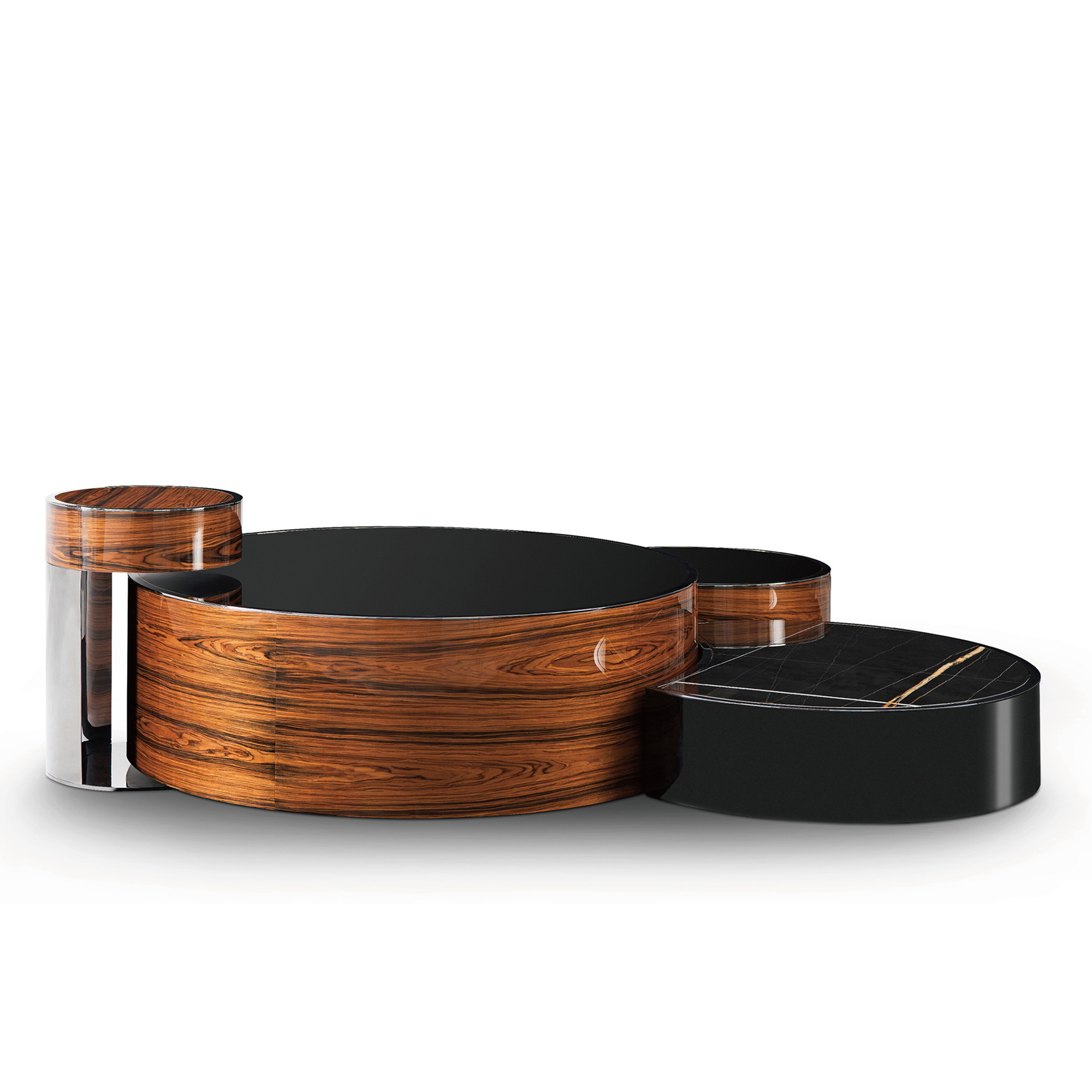 Rosewood veneer coffee table with a tempered black mirror glass top surface.