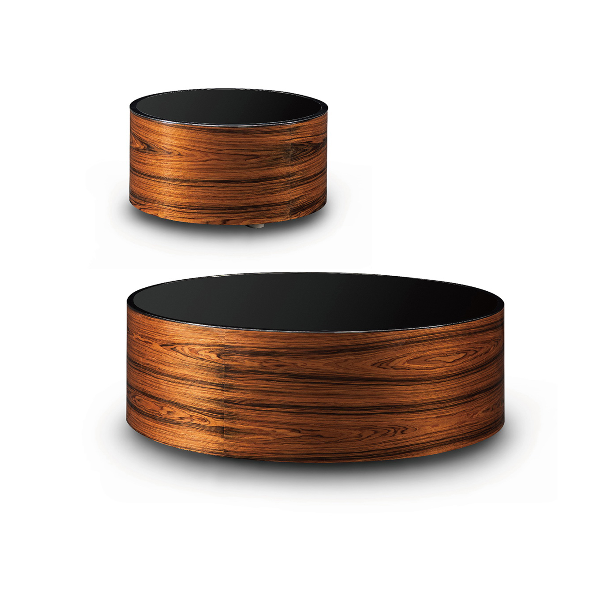 Rosewood veneer coffee table with a tempered black mirror glass top surface.