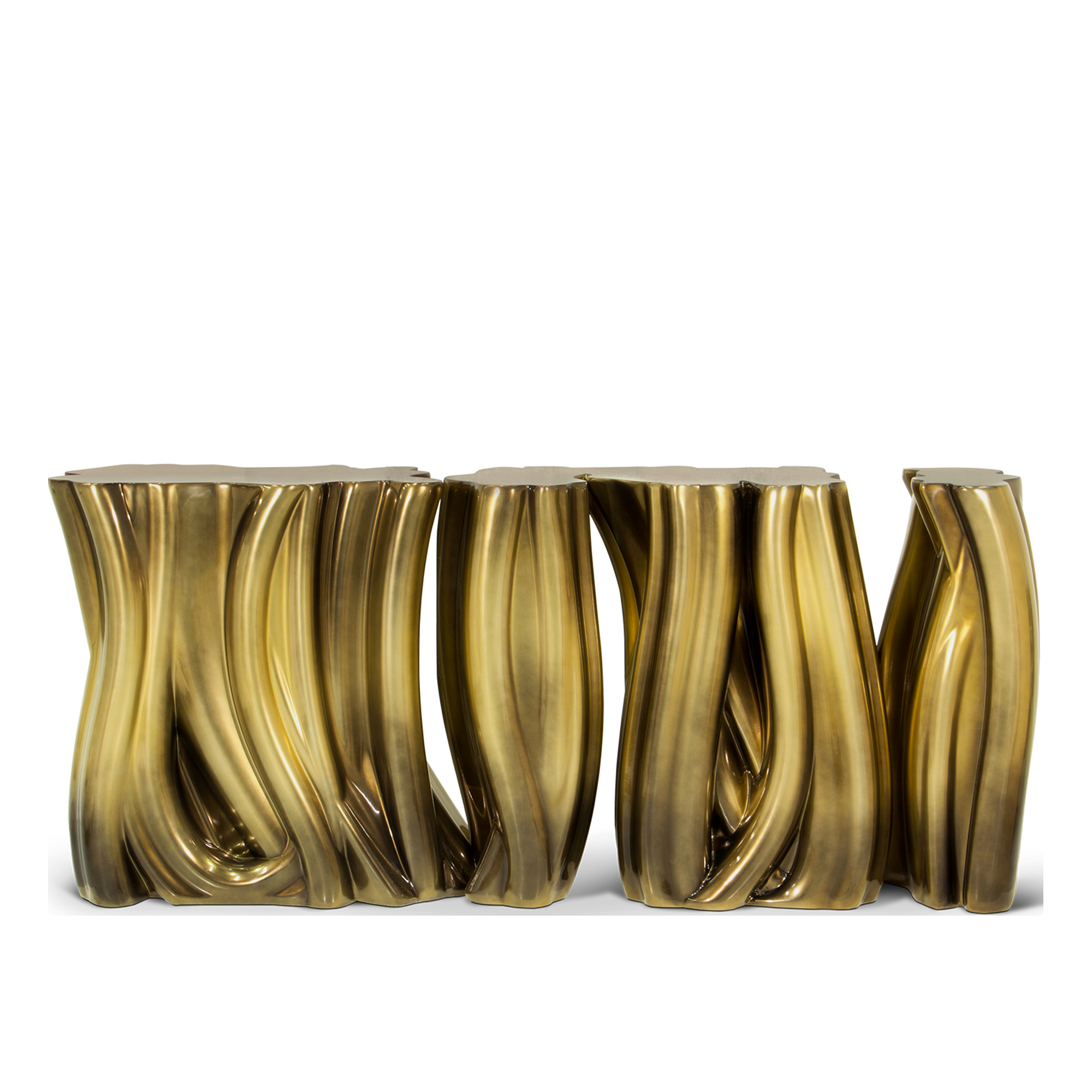 Avant-garde metallic sculptural console table with smooth glossy fluid facets