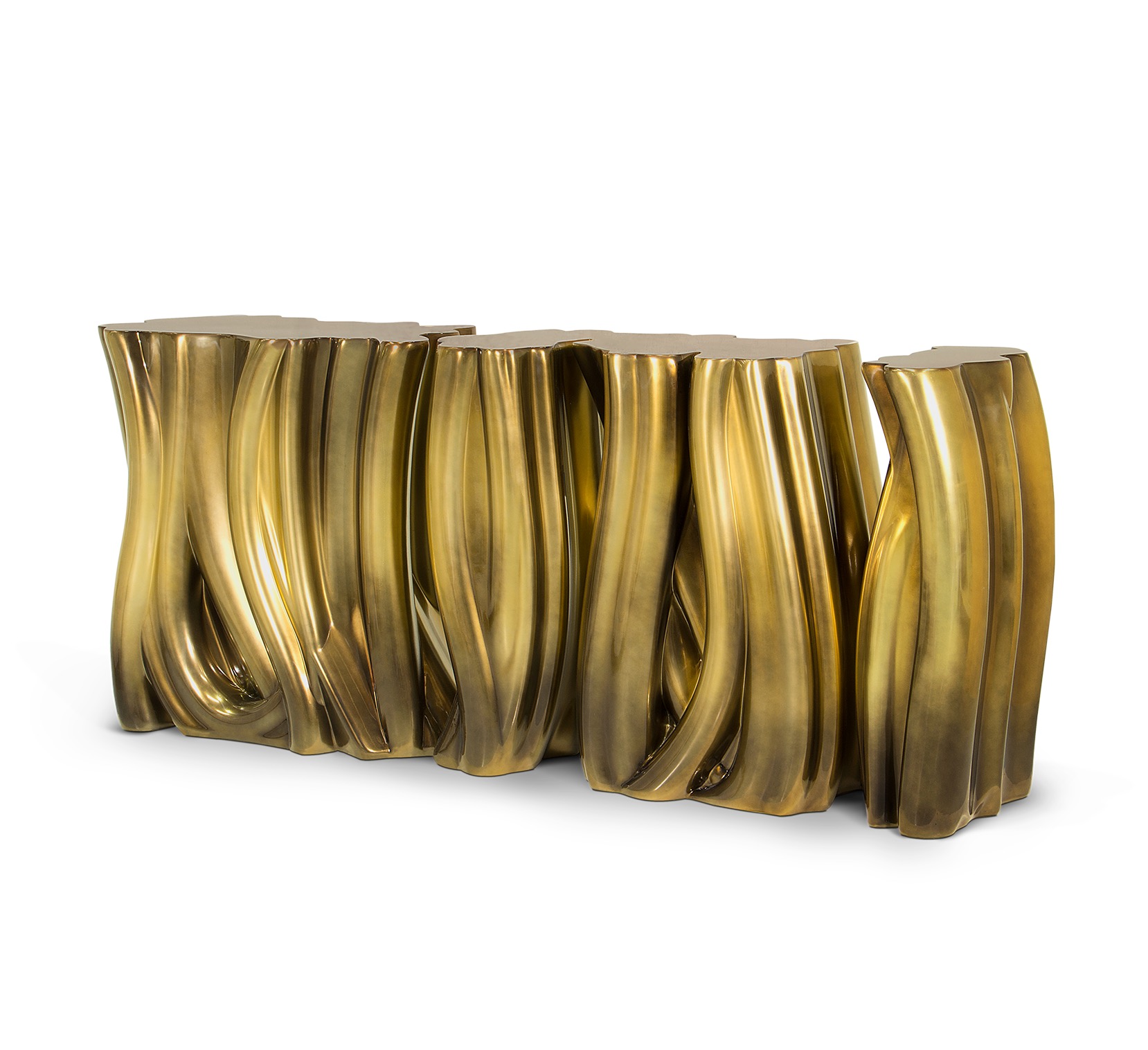 Avant-garde metallic sculptural console table with smooth glossy fluid facets