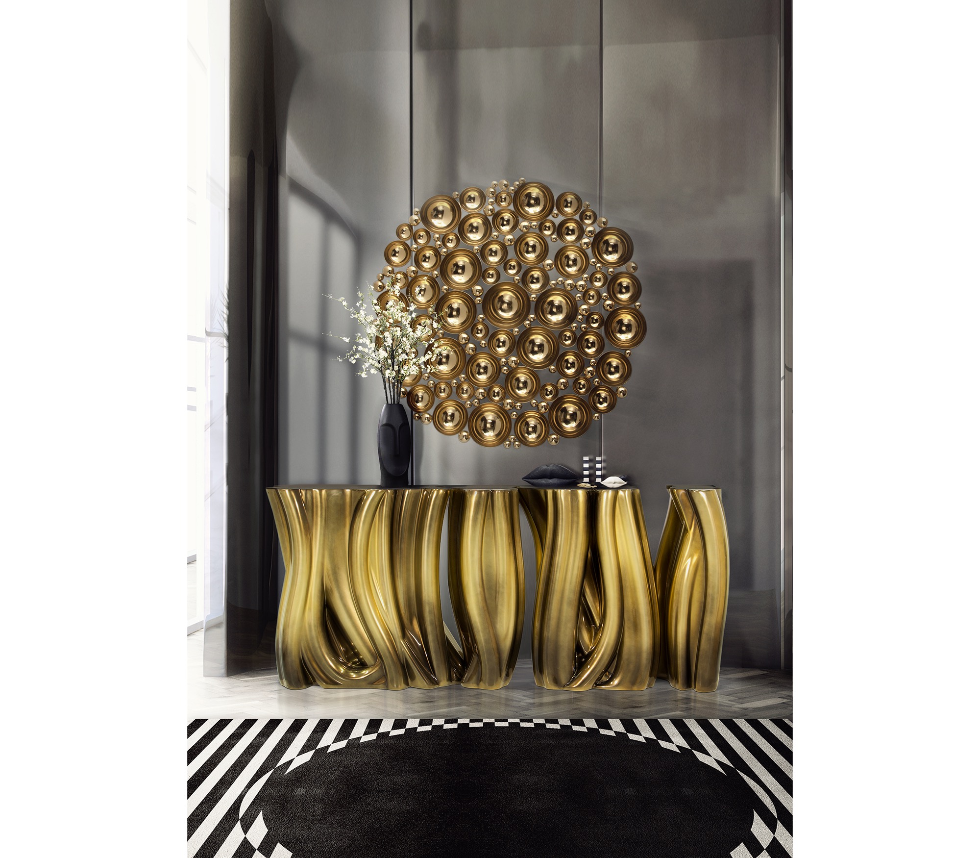 Avant-garde metallic sculptural console table with smooth glossy fluid facets