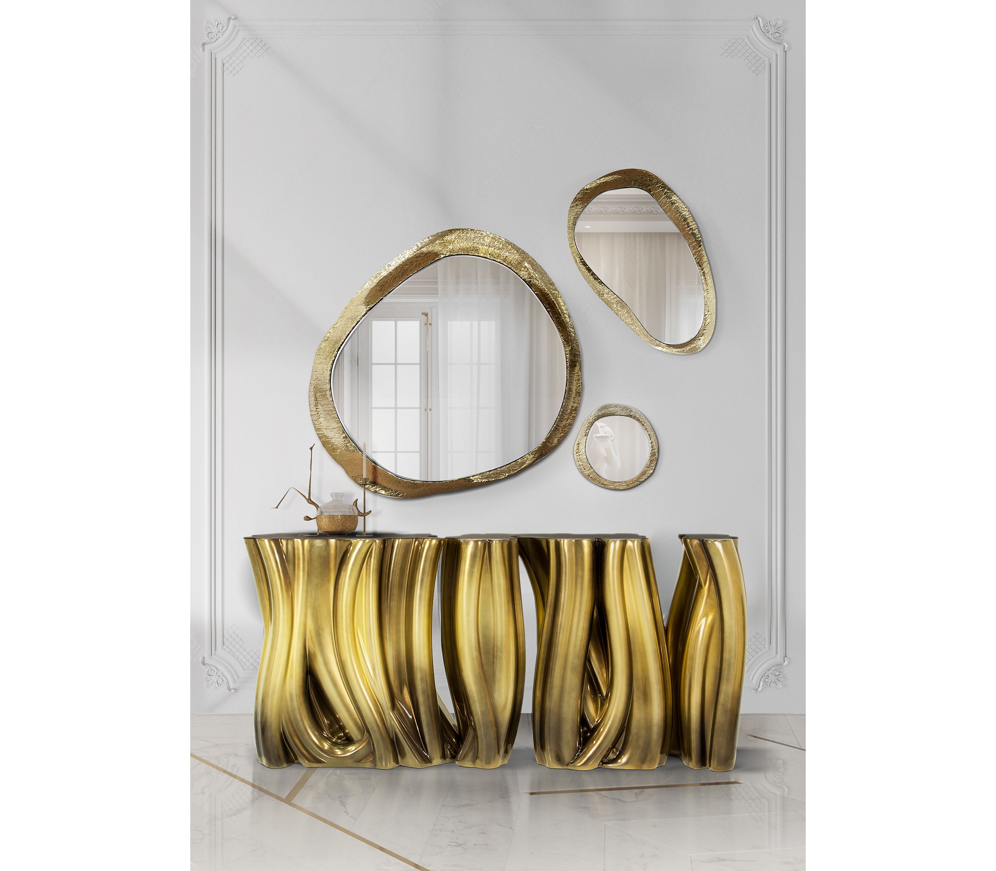 Avant-garde metallic sculptural console table with smooth glossy fluid facets