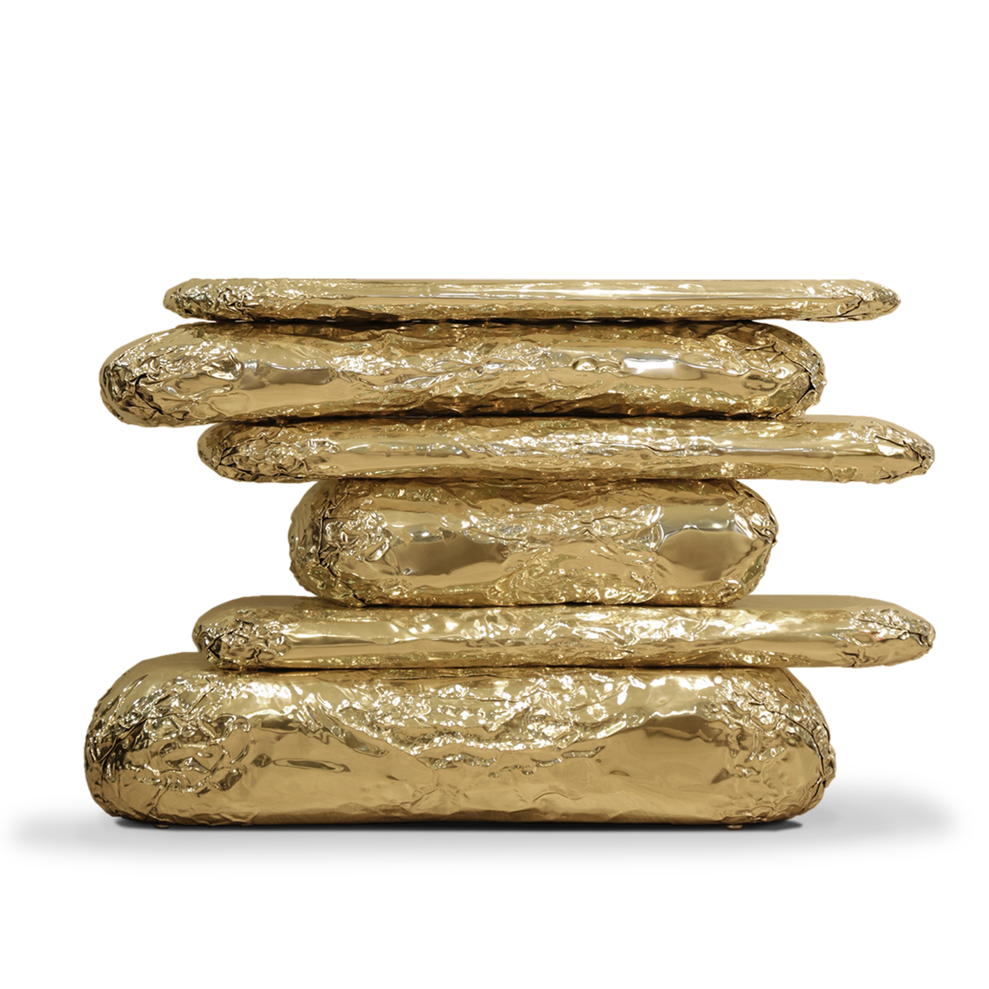 Modern luxury console table featuring asymmetric brass and marble monolithic pillars