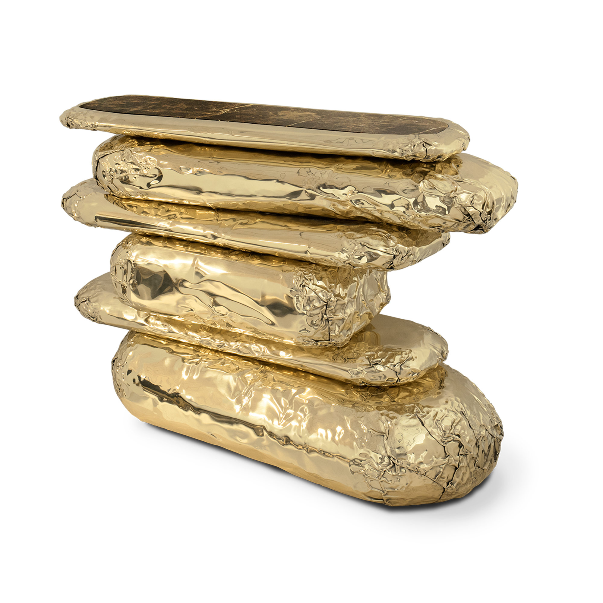 Modern luxury console table featuring asymmetric brass and marble monolithic pillars