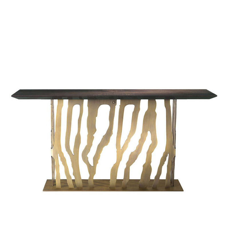 Luxury contemporary console table with geometric metallic base and polished marble top