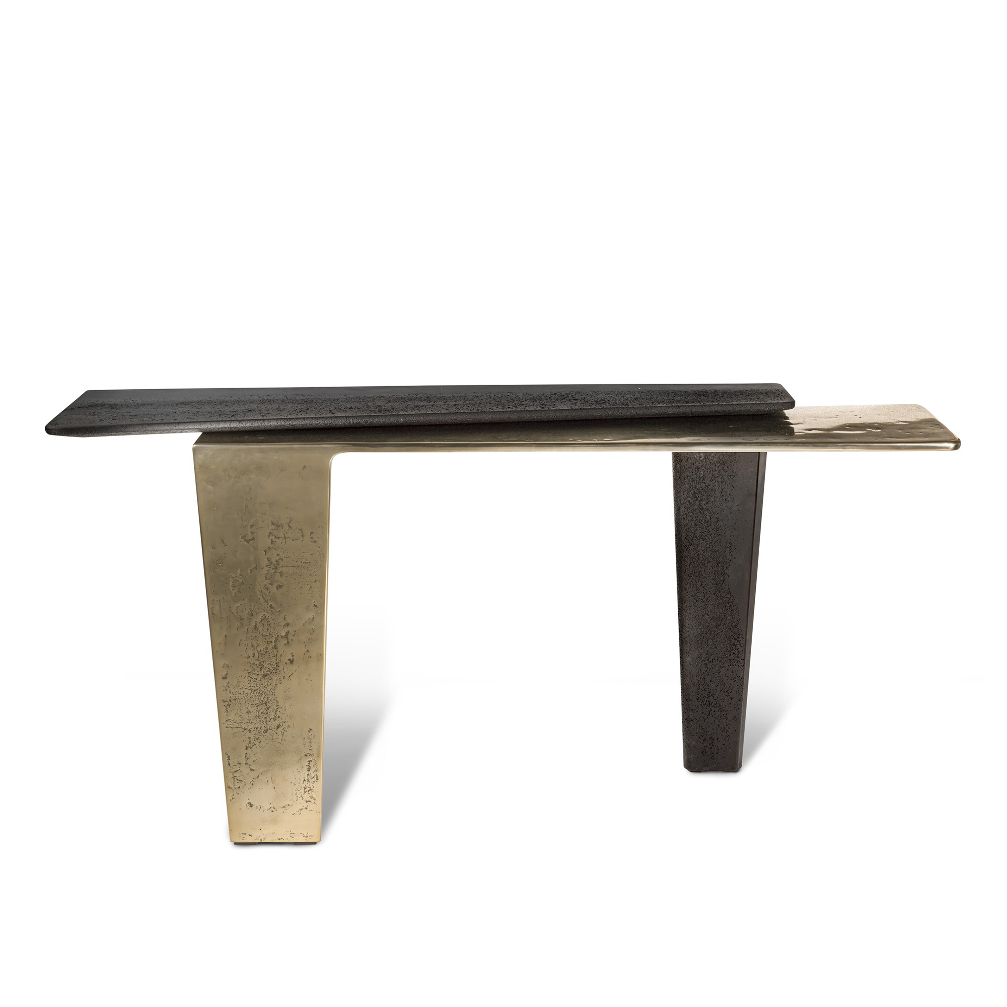 Industrial luxury console table with antique copper stainless steel base and aged flamed stone top
