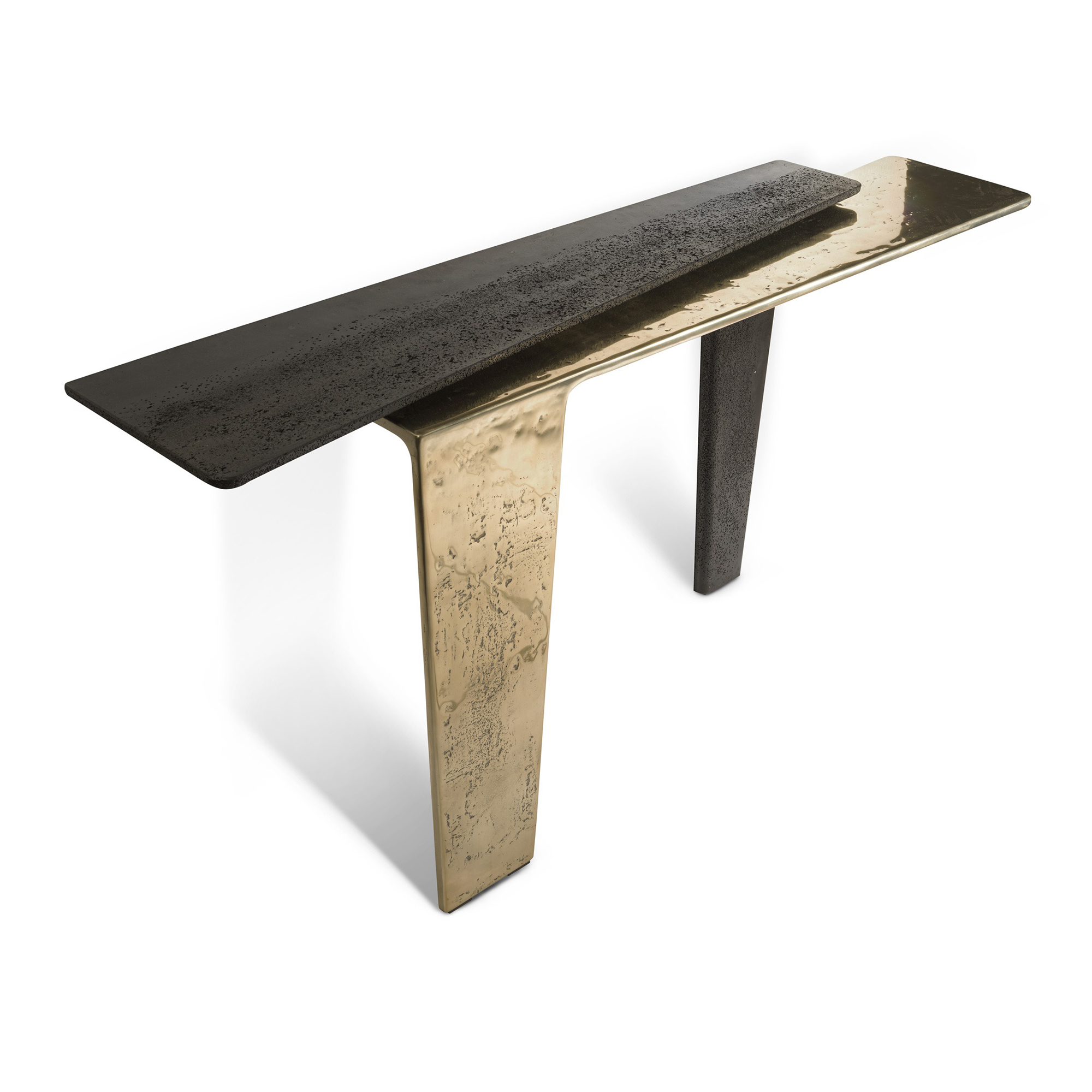 Industrial luxury console table with antique copper stainless steel base and aged flamed stone top