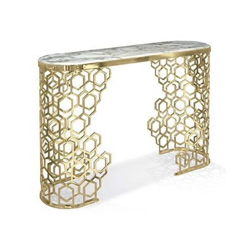 Premium luxury console table with a dramatic Picasso marble top and a gold mirror stainless steel base