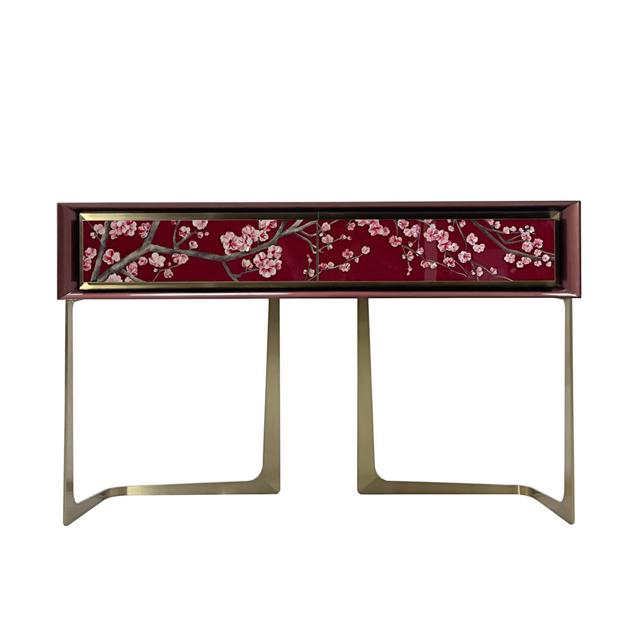 Contemporary wooden console table with artistic decorative drawer fronts and sleek metal legs