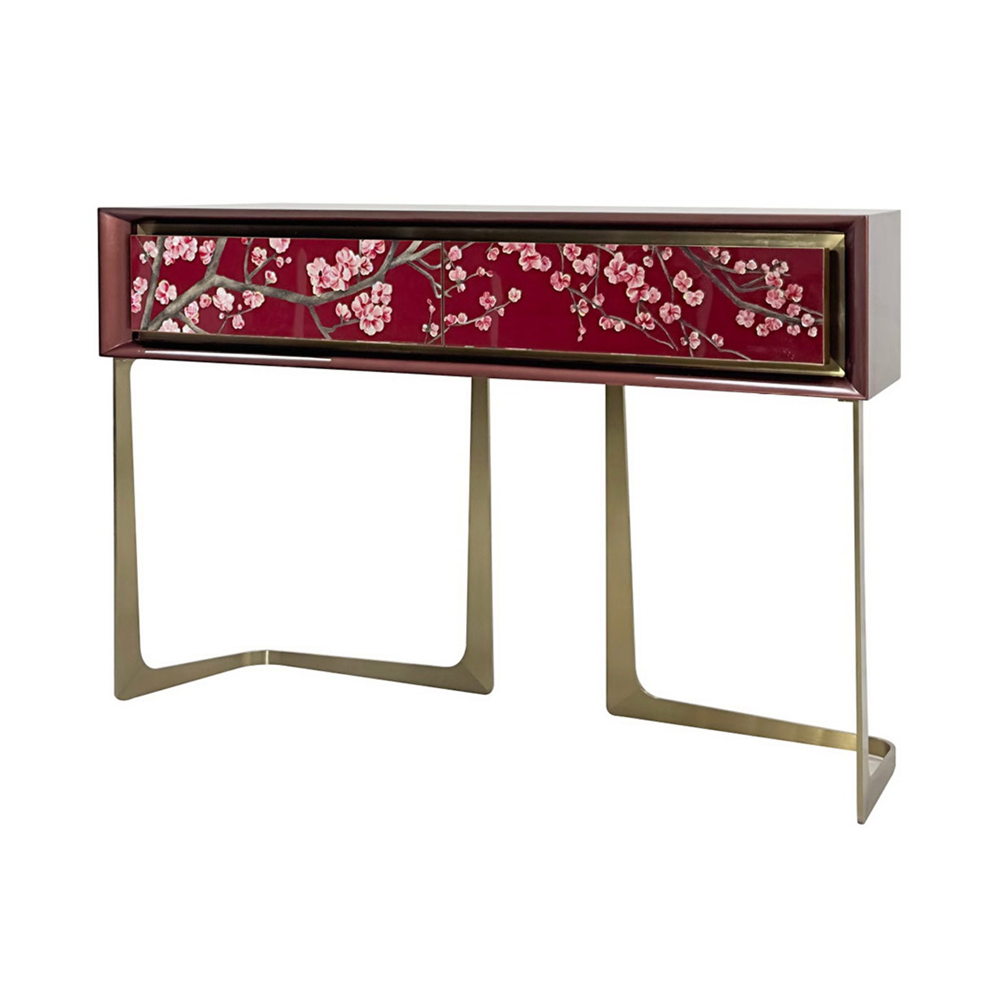 Contemporary wooden console table with artistic decorative drawer fronts and sleek metal legs
