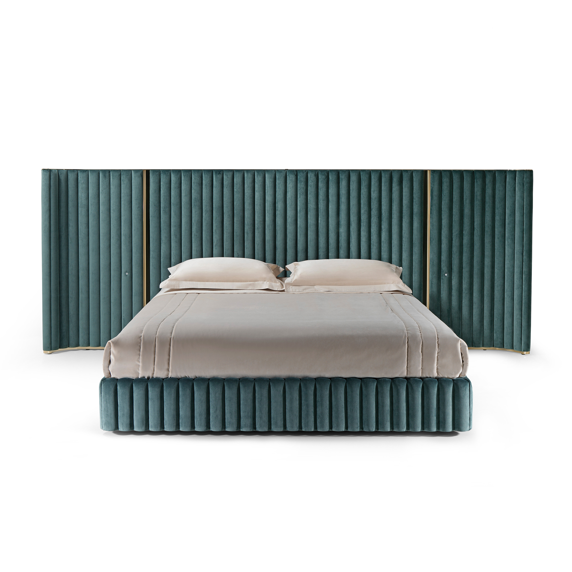 Grand luxury wingback platform bed with teal vertical tufted headboard and champagne gold trim. Grand luxury wingback platform bed with teal vertical tufted headboard and champagne gold trim.