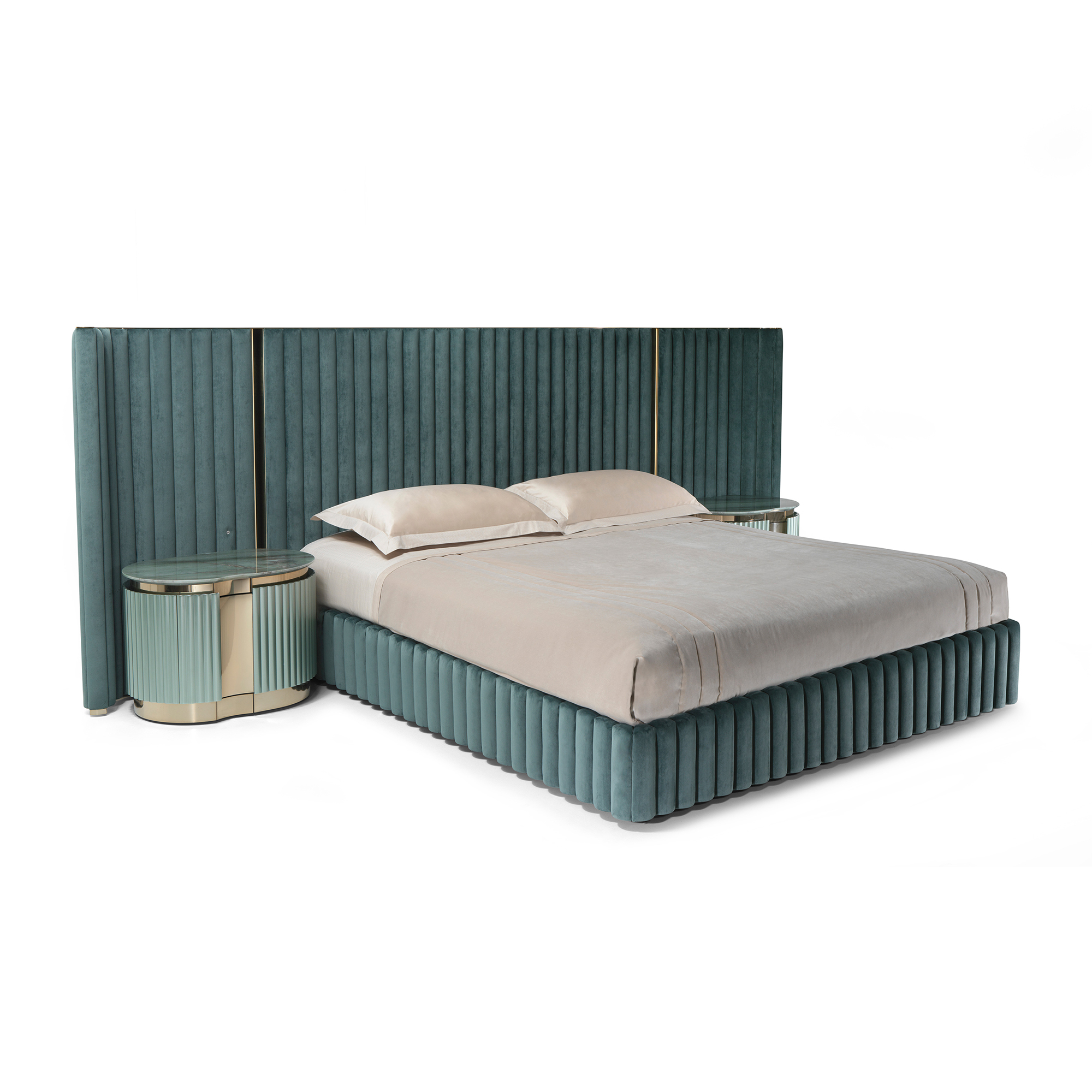 Grand luxury wingback platform bed with teal vertical tufted headboard and champagne gold trim.