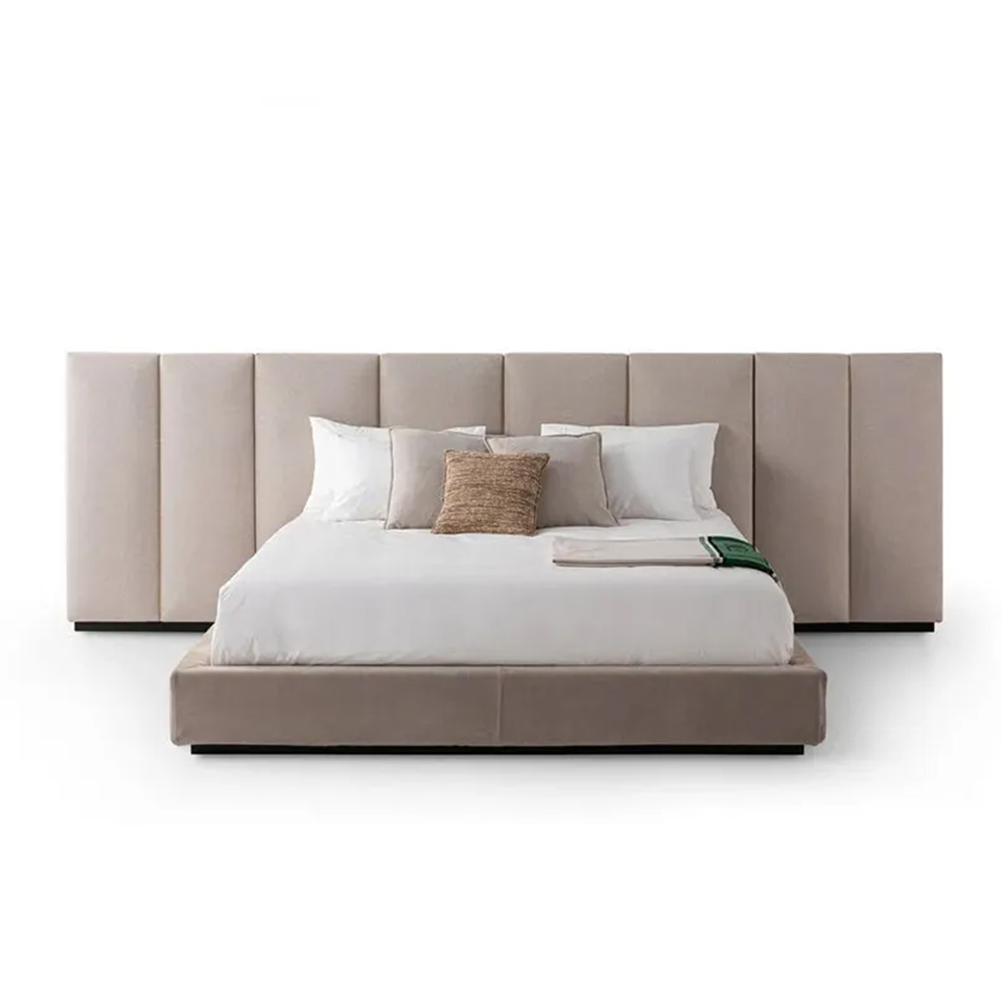 Modern luxury floating bed with extra-wide geometric modular leather headboard and gunmetal accents.
