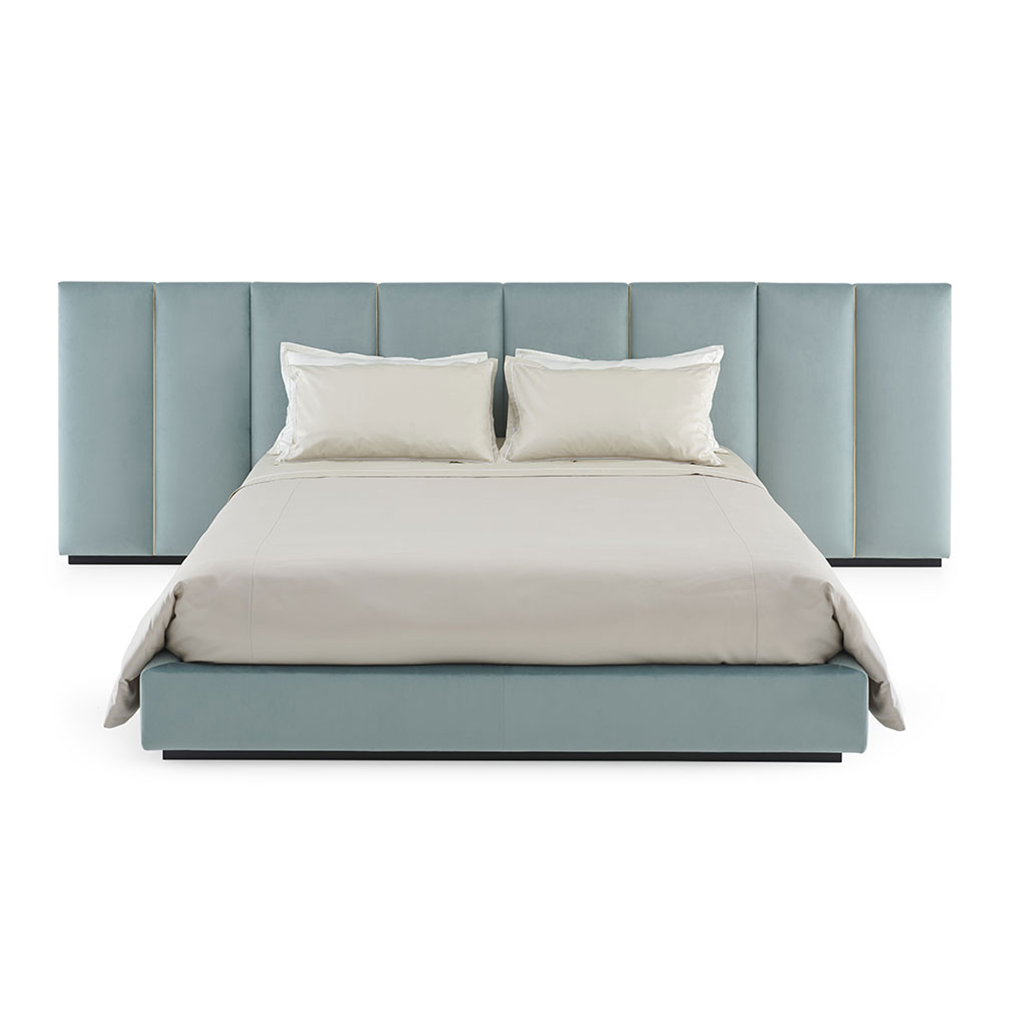 Modern luxury floating bed with extra-wide geometric modular leather headboard and gunmetal accents.