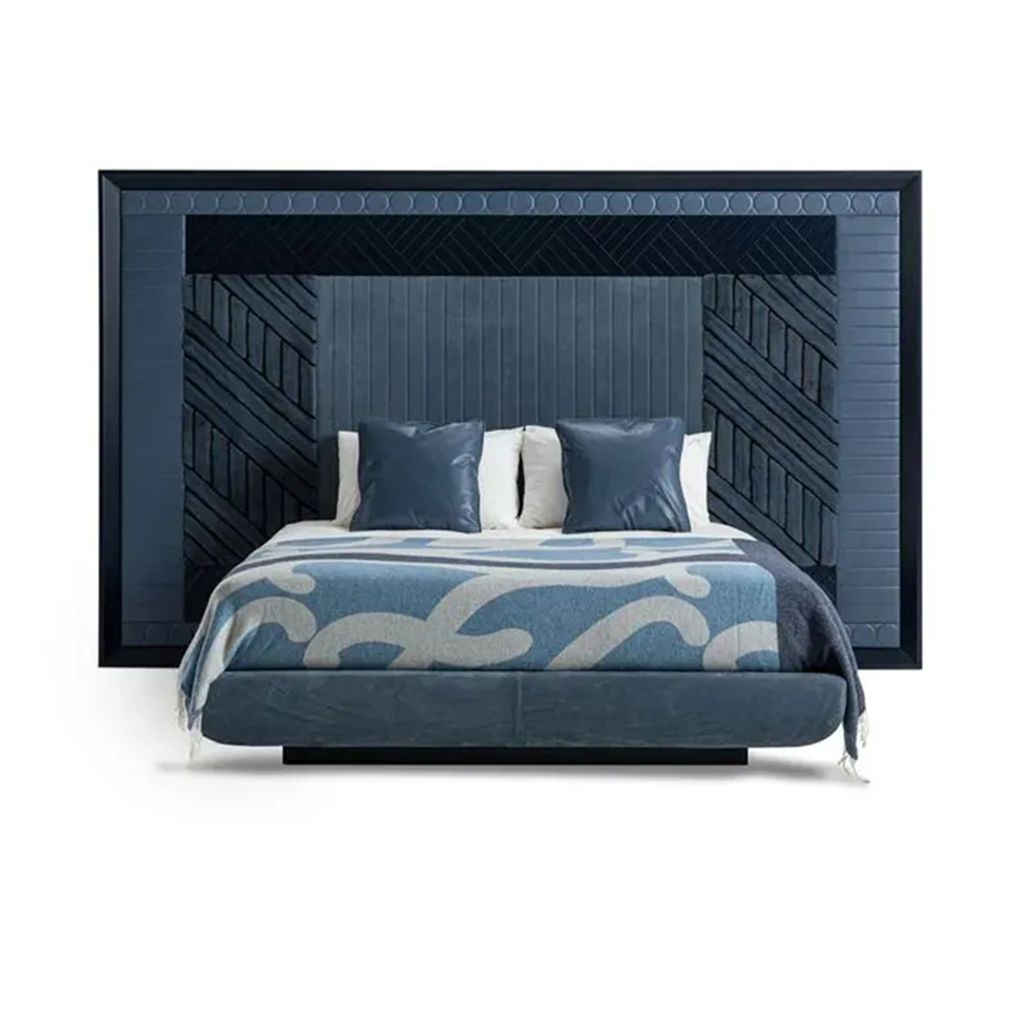 Minimalist low-profile platform bed with lacquered wood and microfiber leather headboard accents.