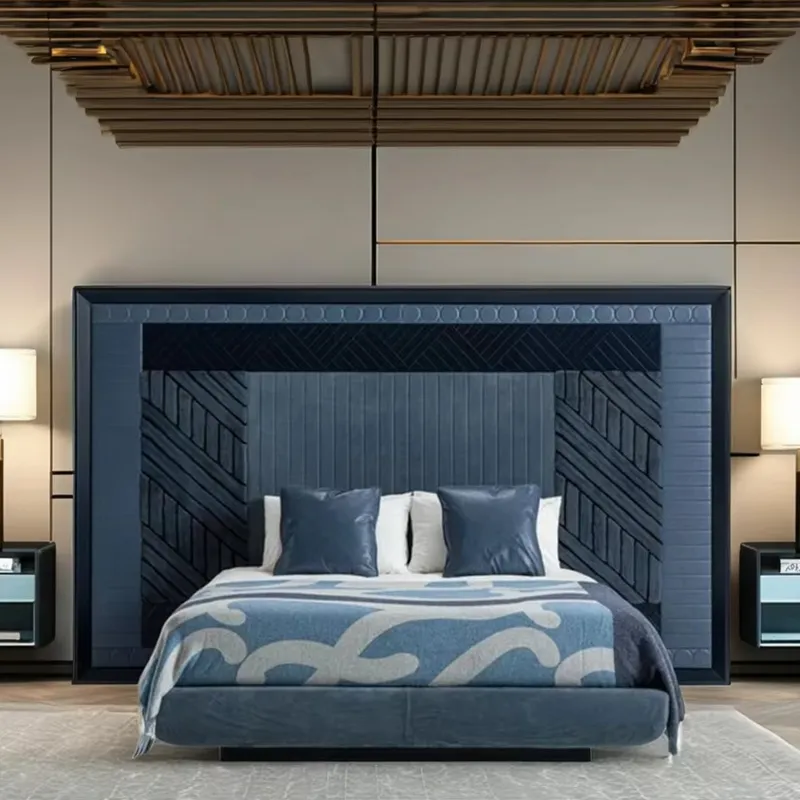Minimalist low-profile platform bed with lacquered wood and microfiber leather headboard accents.