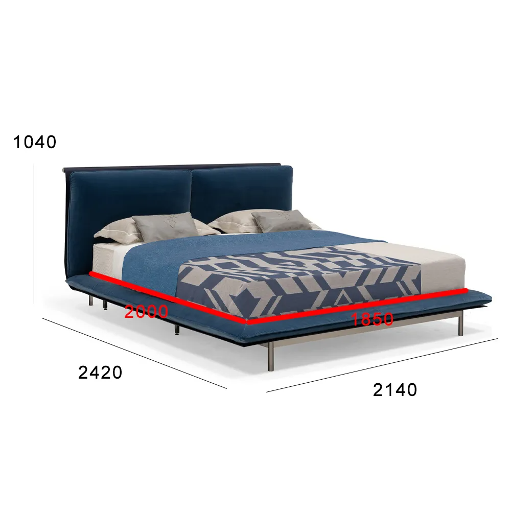Contemporary fabric upholstered bed frame with polished stainless steel tapered legs.
