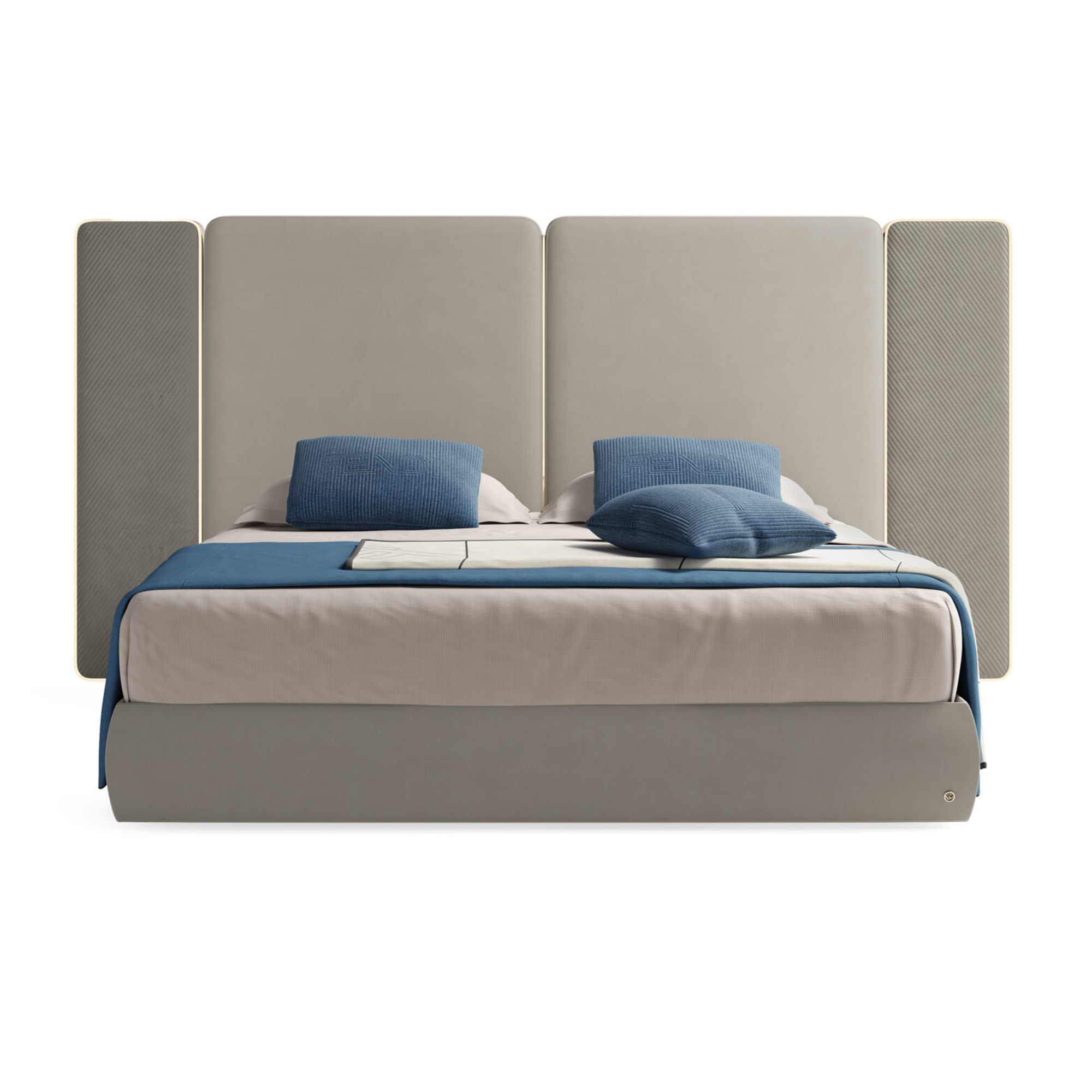 Sophisticated wrap-around curved headboard bed with premium fabric and microfiber leather piping. Sophisticated wrap-around curved headboard bed with premium fabric and microfiber leather piping.