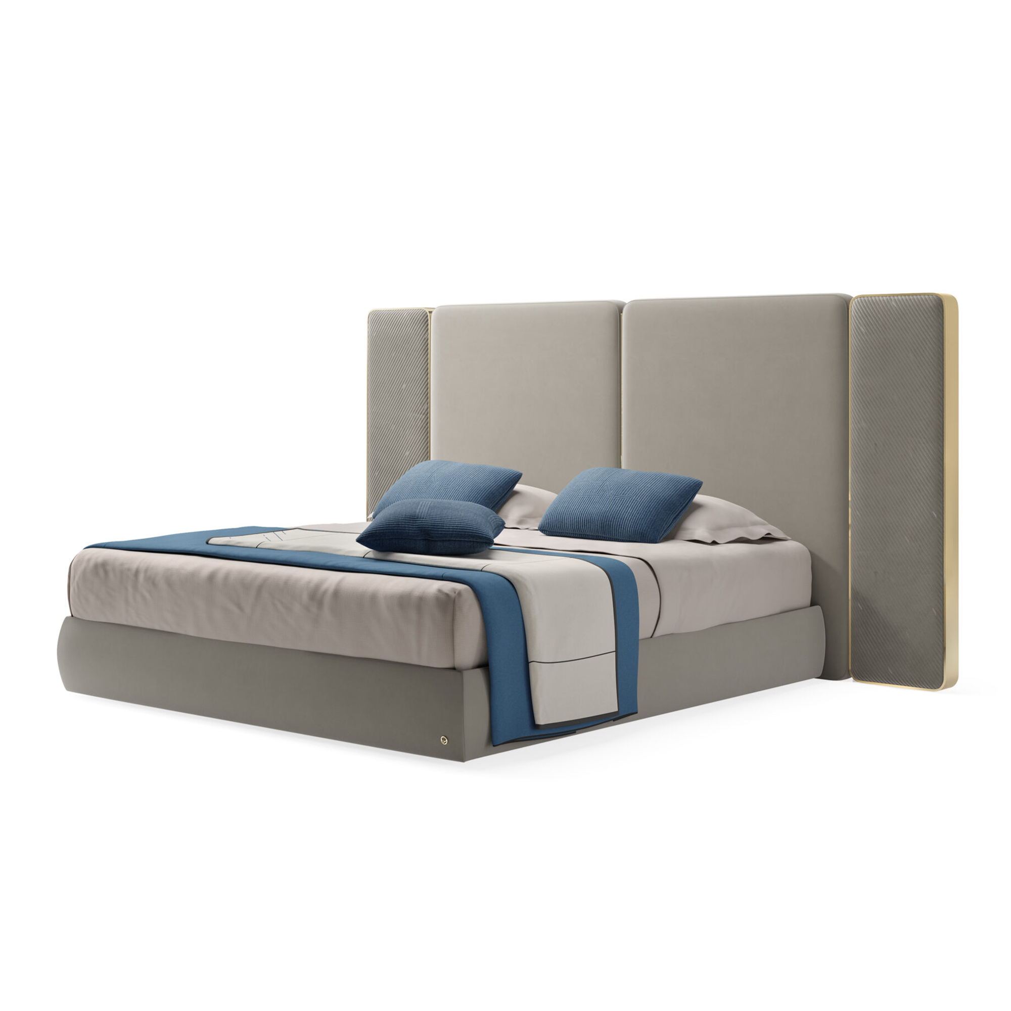 Sophisticated wrap-around curved headboard bed with premium fabric and microfiber leather piping.