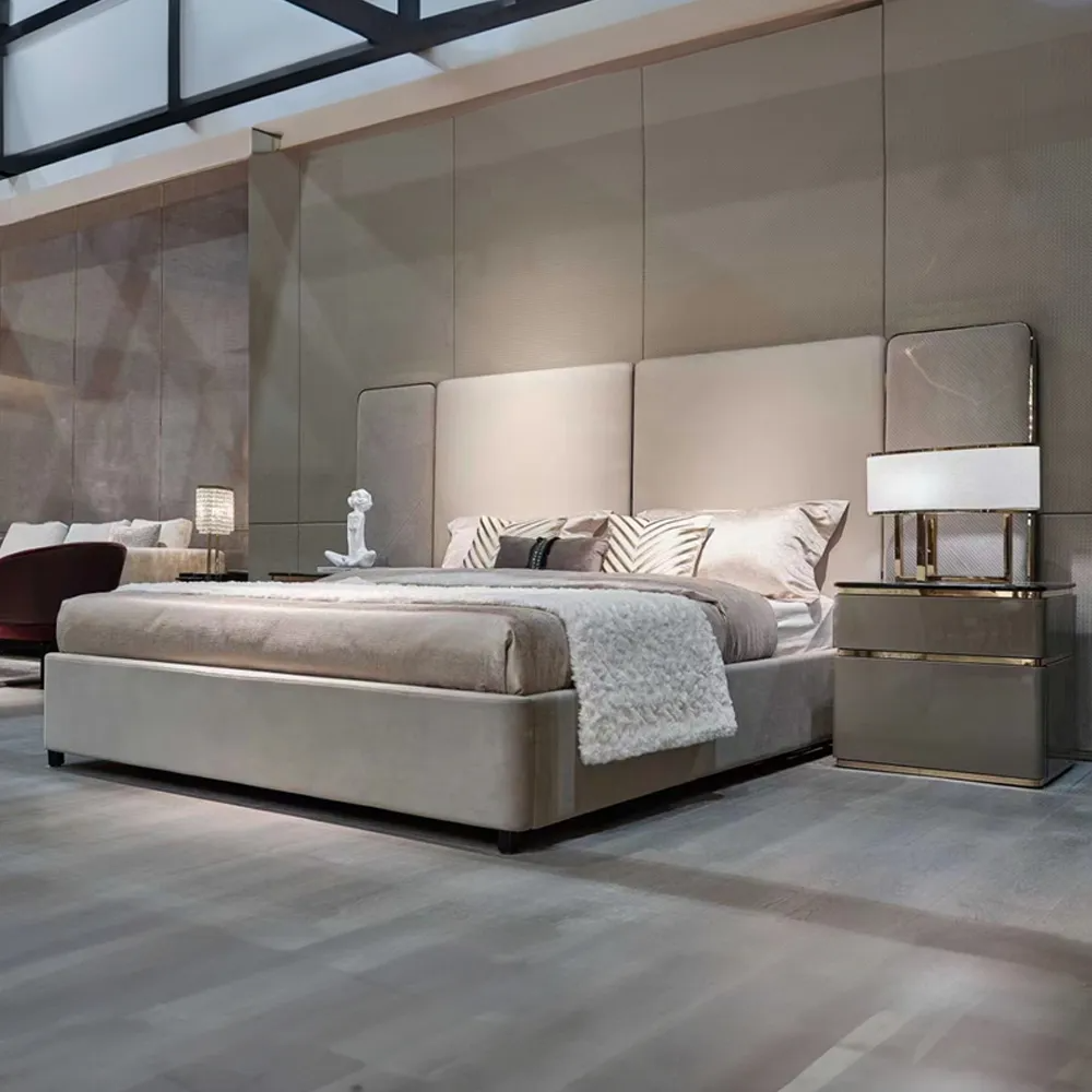 Sophisticated wrap-around curved headboard bed with premium fabric and microfiber leather piping.