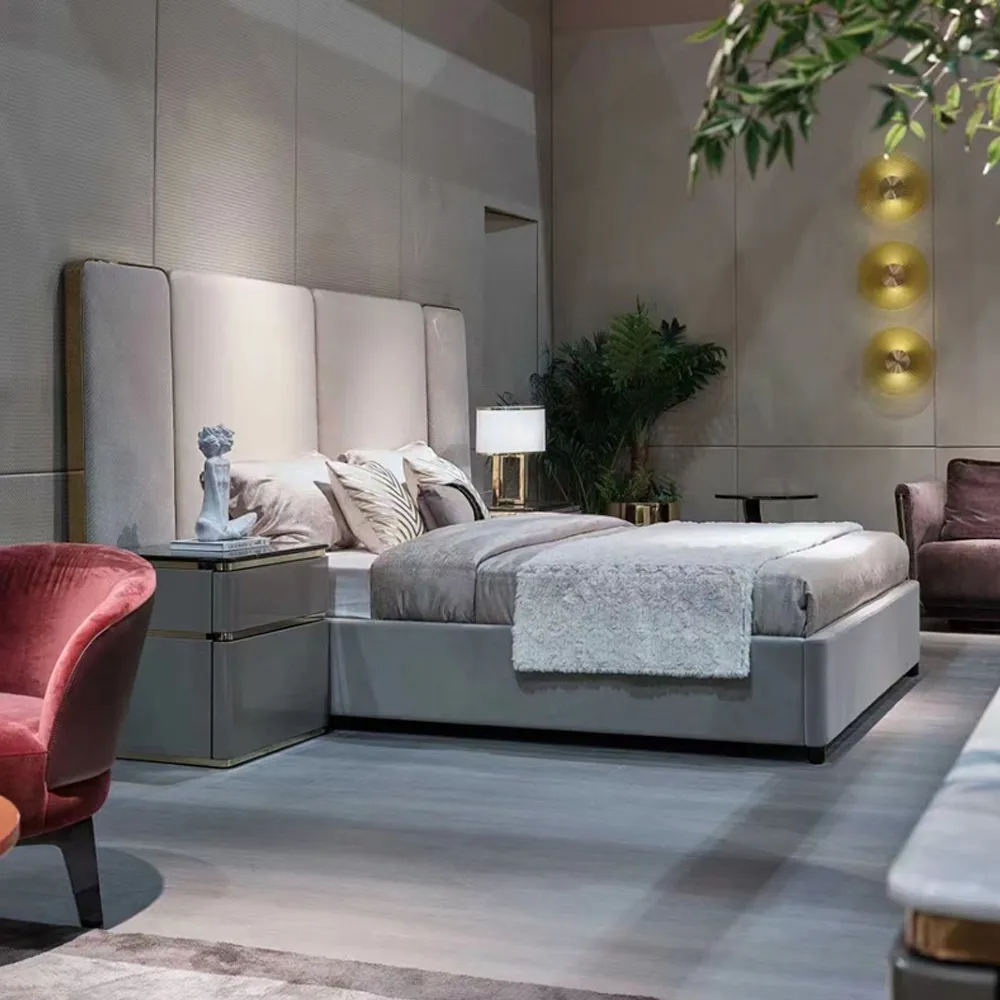 Sophisticated wrap-around curved headboard bed with premium fabric and microfiber leather piping.