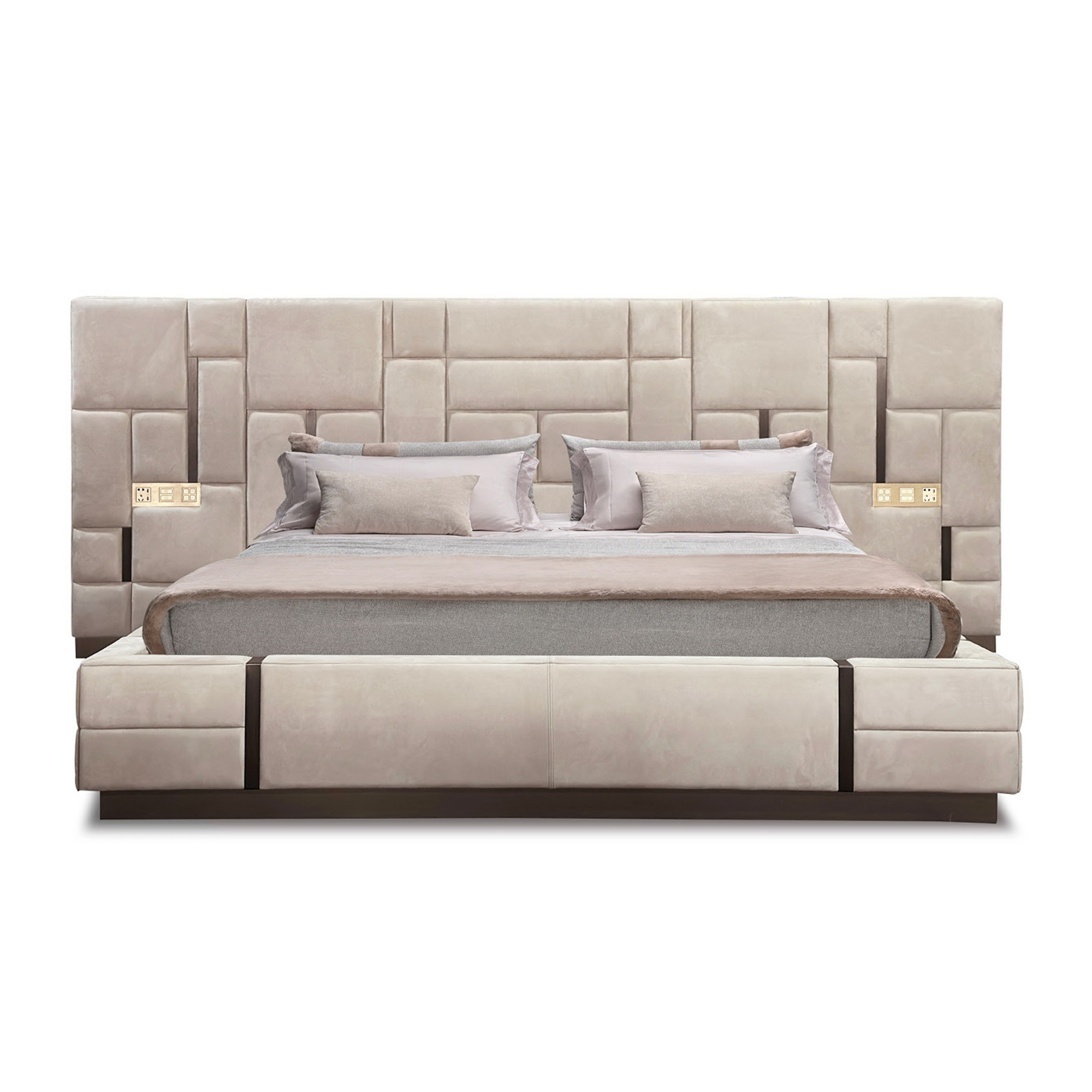 Luxury executive genuine leather bed with block quilting and integrated smart touch switches.