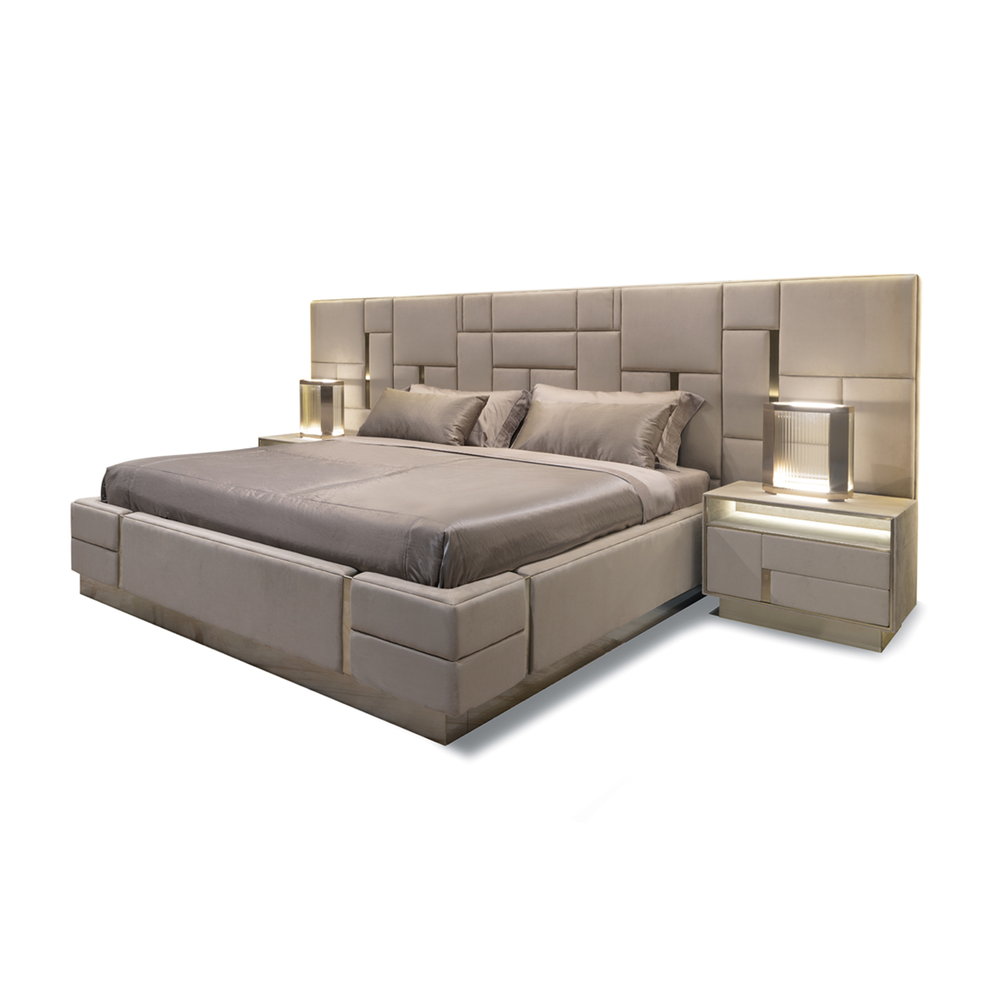 Luxury executive genuine leather bed with block quilting and integrated smart touch switches.