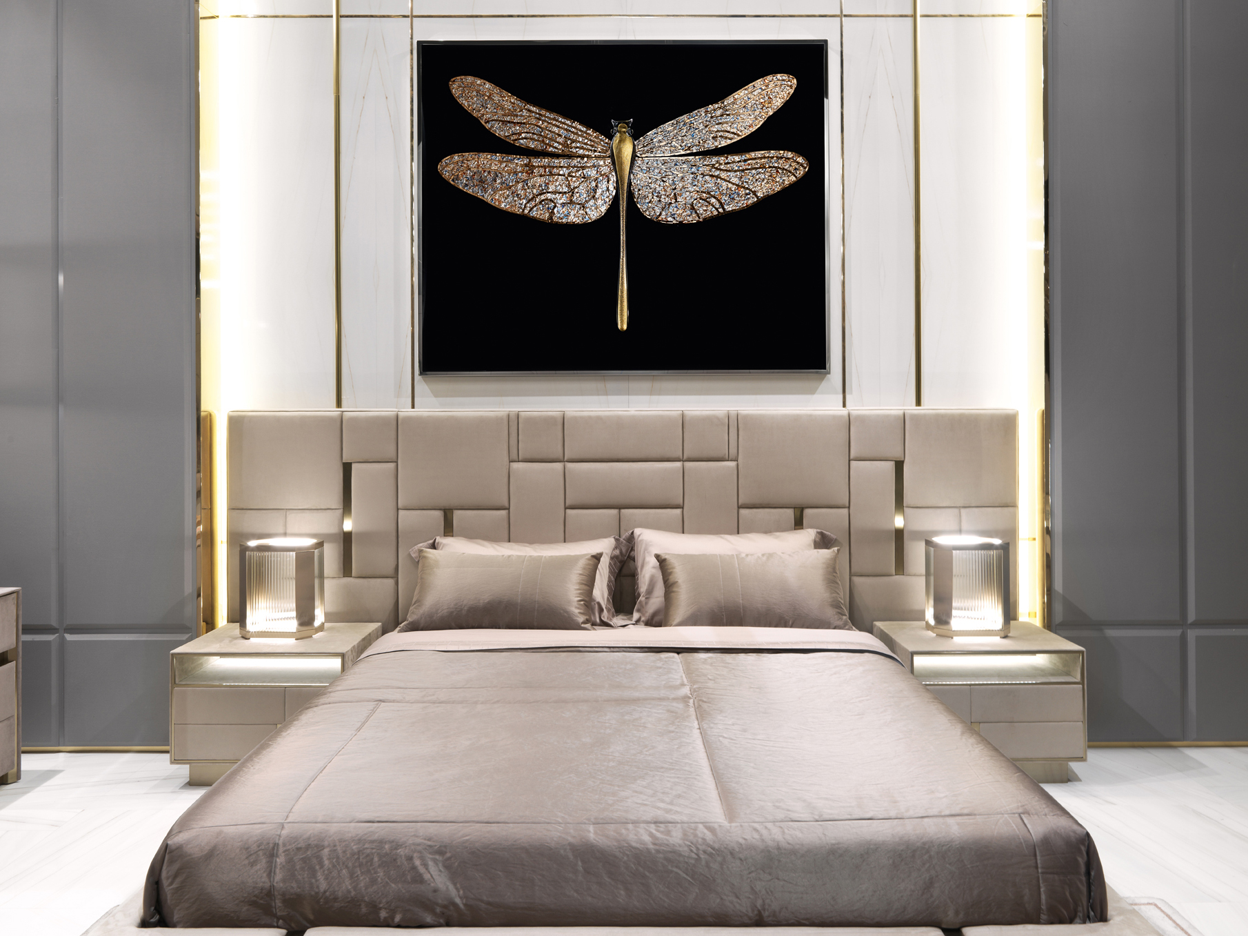 Luxury executive genuine leather bed with block quilting and integrated smart touch switches.