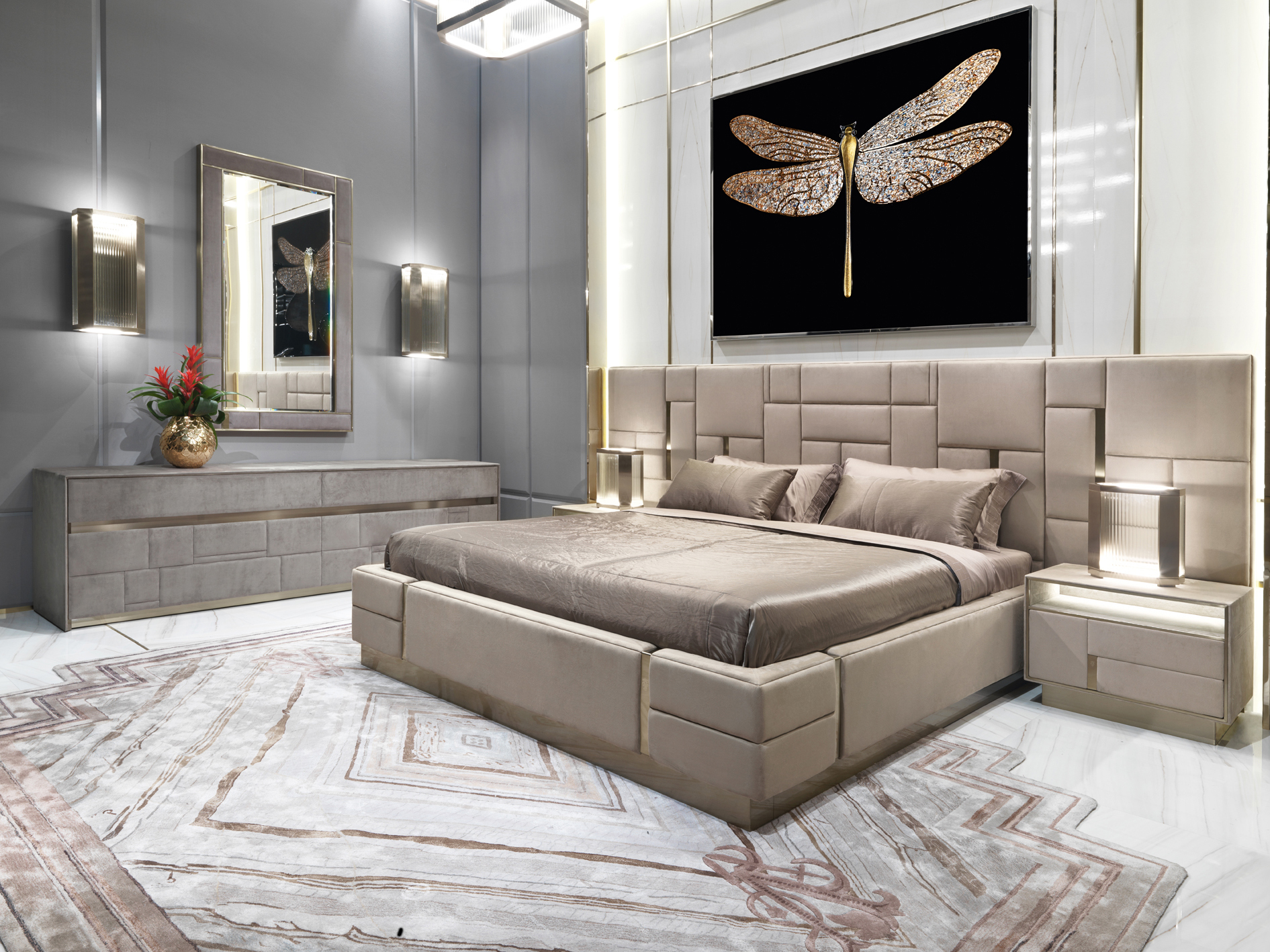 Luxury executive genuine leather bed with block quilting and integrated smart touch switches.