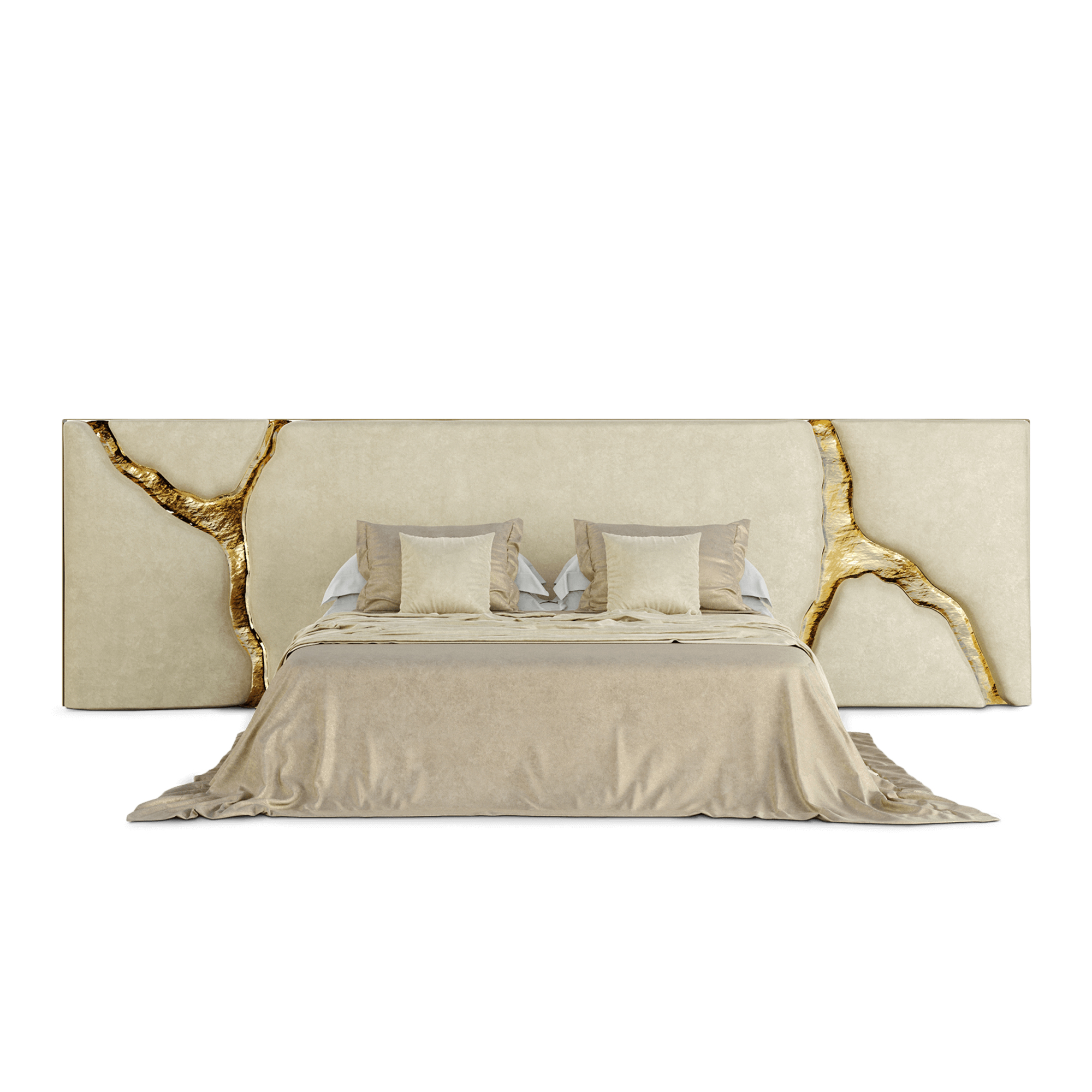 Artisan luxury velvet bed with hand-hammered organic polished brass crack accent in headboard.